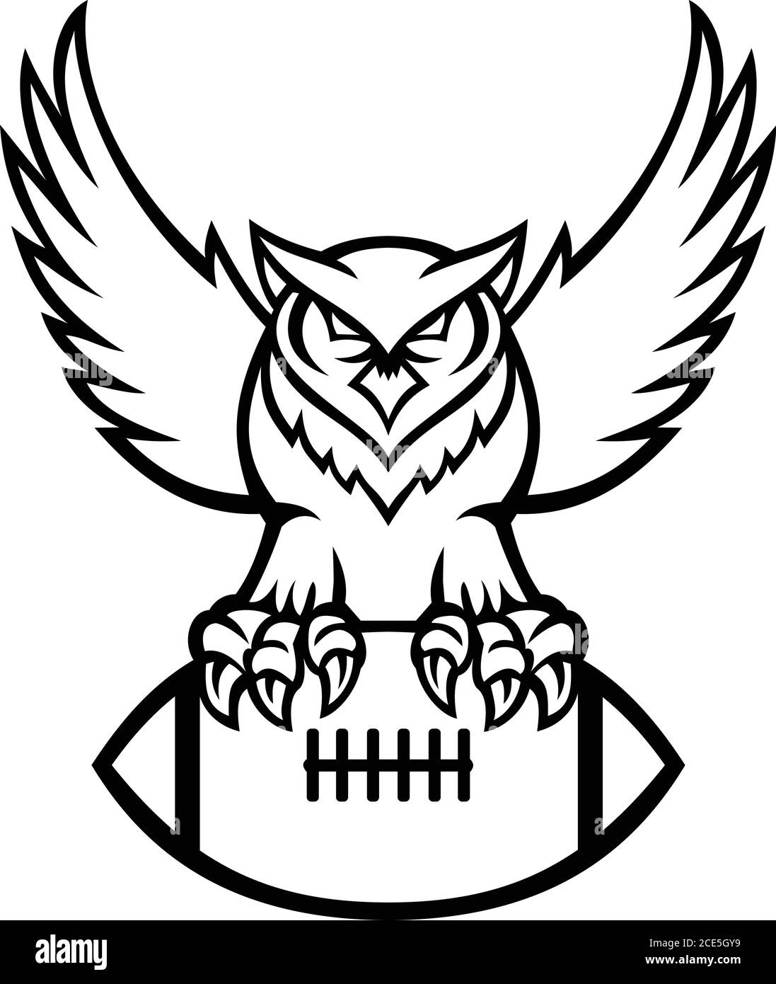 Mascot illustration of a great horned owl, tiger owl or hoot owl, a large owl native to the Americas, clutching an American football ball viewed from Stock Vector