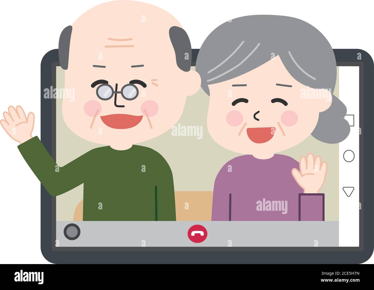 Grandpa and grandma sitting on the sofa and having video call on tablet or smartphone. Vector illustration isolated on white background. Stock Vector