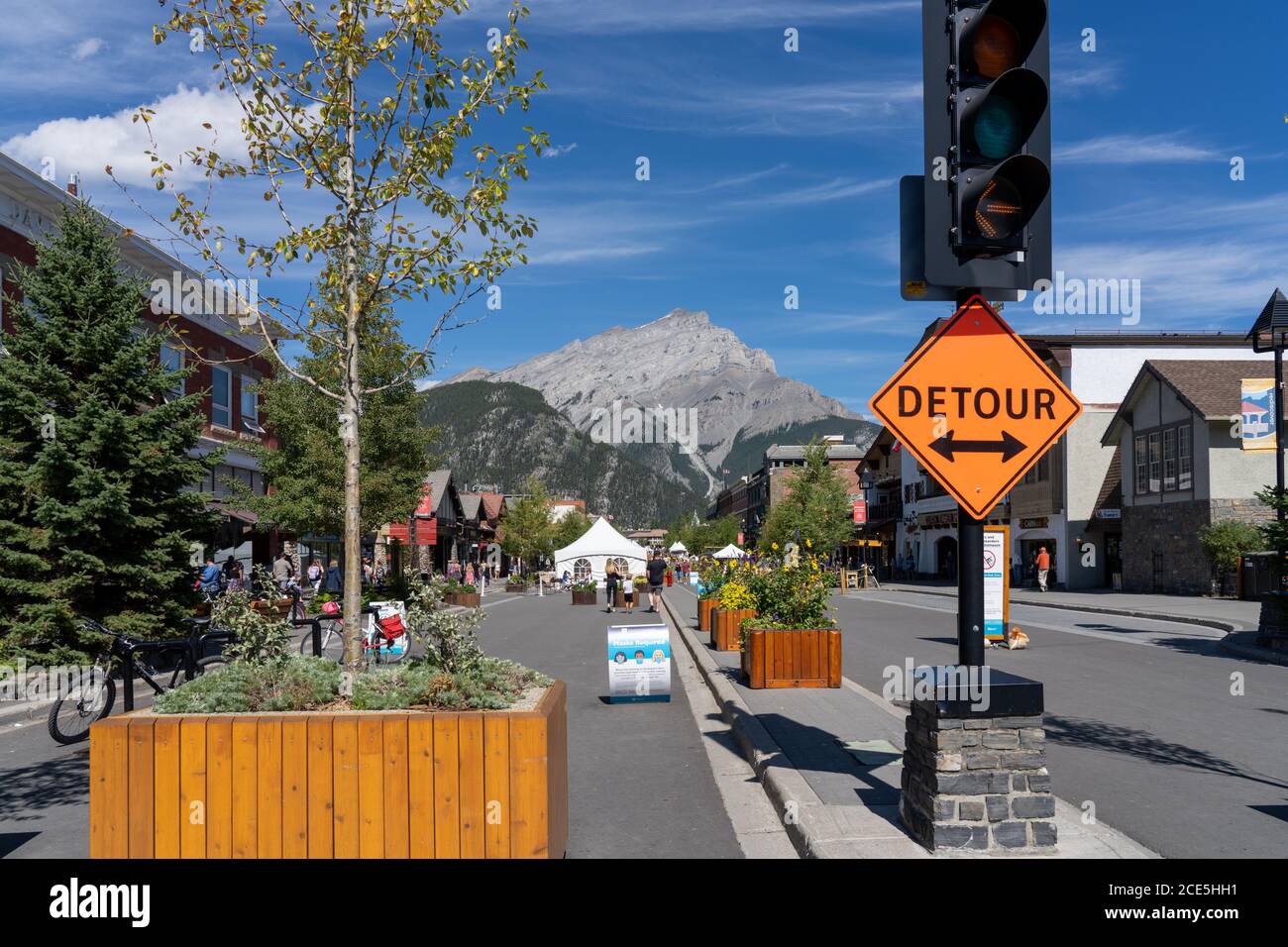 Street view of Banff avenue in summer time season sunny day morning during covid-19 pandemic period. Stock Photo