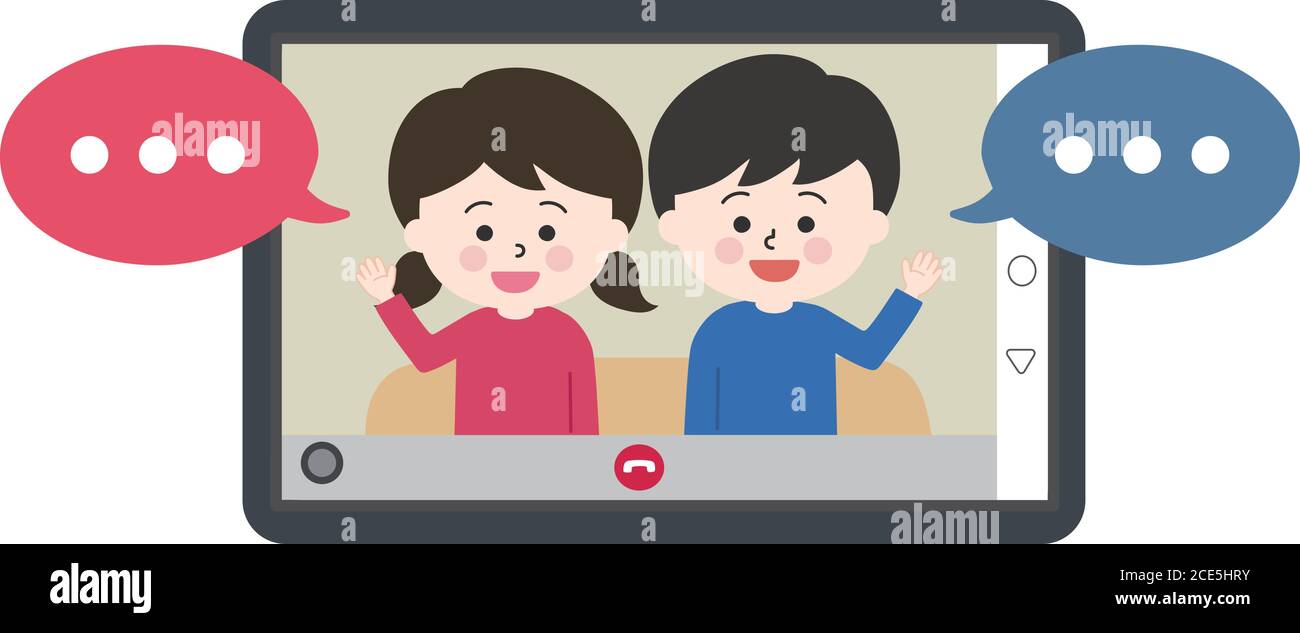 Children with speech bubbles sitting on the sofa and having video call on tablet or laptop. Vector illustration isolated on white background. Stock Vector