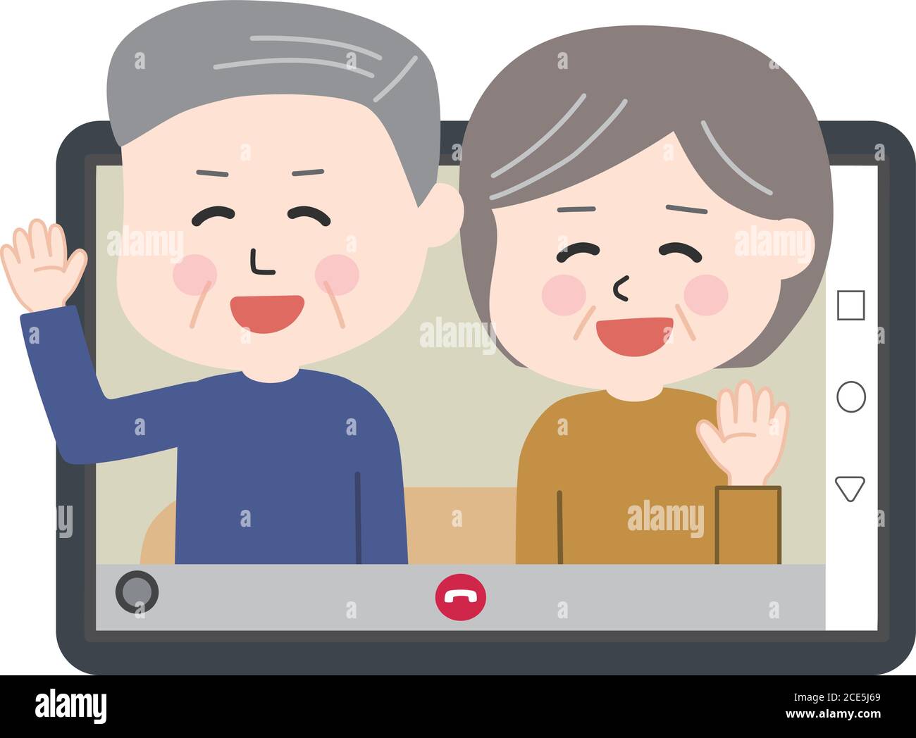 Elderly couple sitting on the sofa and having video call on tablet or smartphone. Vector illustration isolated on white background. Stock Vector