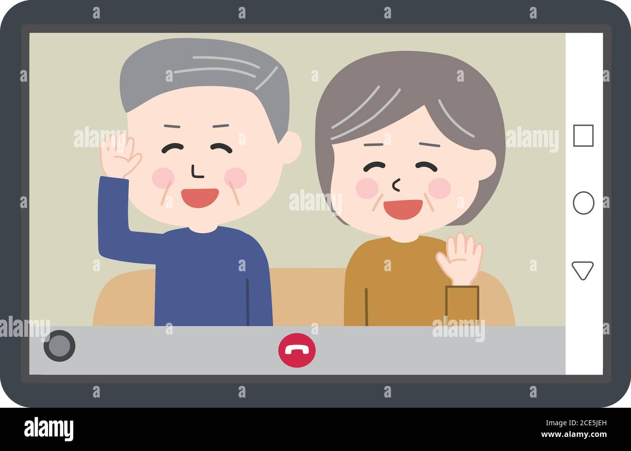 Elderly couple sitting on the sofa and having video call on tablet or smartphone. Vector illustration isolated on white background. Stock Vector
