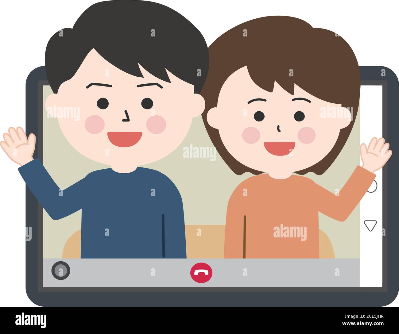 Man and woman sitting on the sofa and having video call on tablet or laptop. Vector illustration isolated on white background. Stock Vector