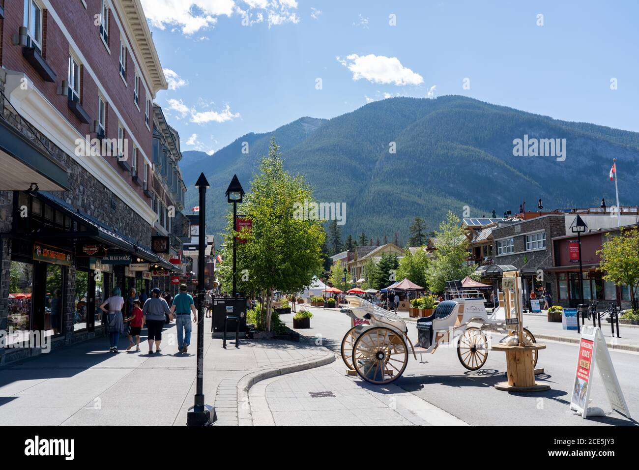 Street view of Banff avenue in summer time season sunny day morning during covid-19 pandemic period. Stock Photo