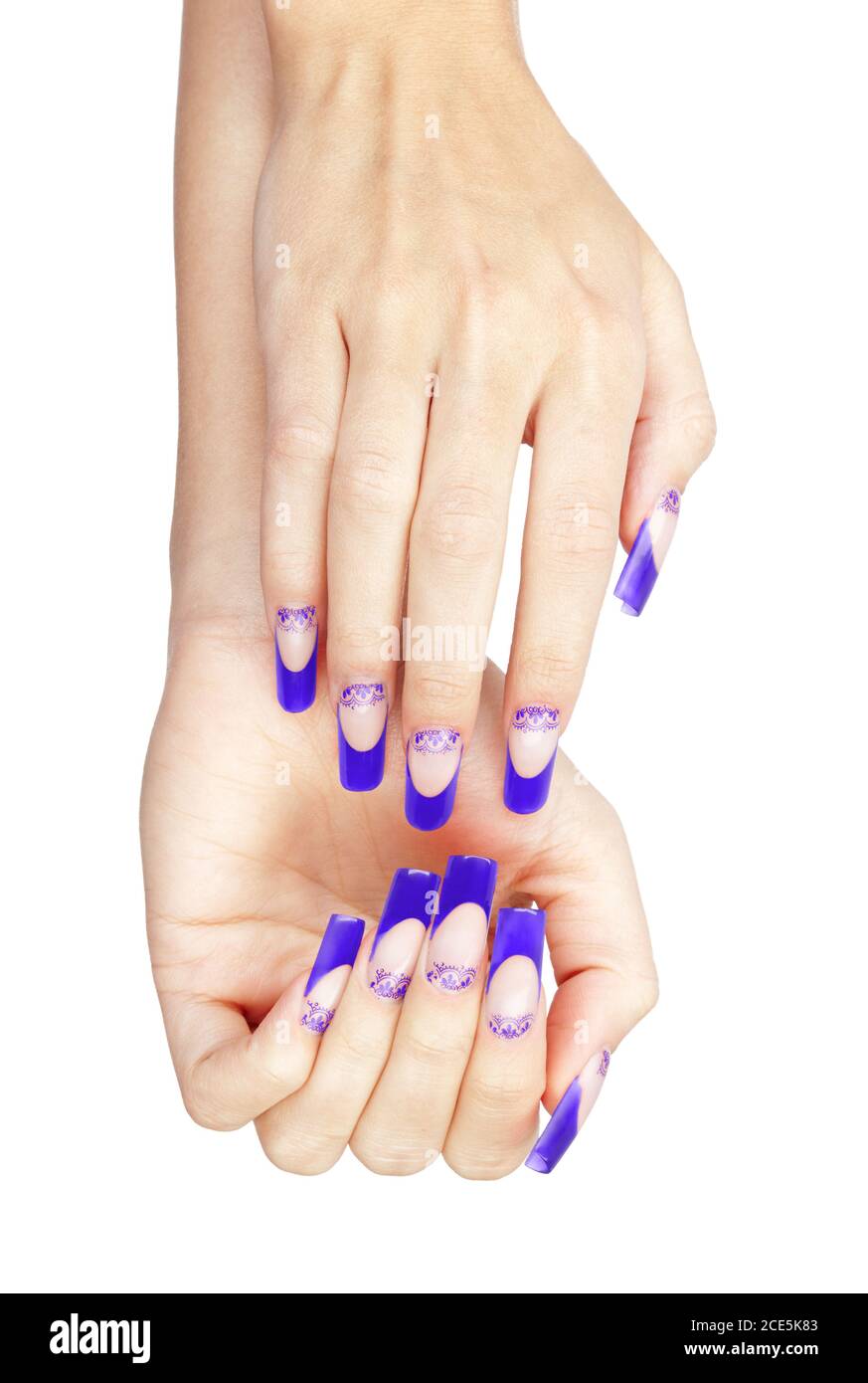 Hands with blue french acrylic nails manicure and painting Stock Photo -  Alamy