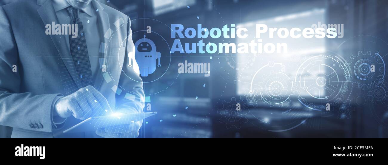 RPA Robotic Process Automation. Technology concept on virtual screen. Ai algorithm analyze Business. Stock Photo