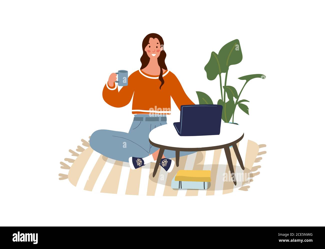 Young happy woman is sitting on the floor, drinking coffee and working on the computer. Remote work, online education, home office, online meeting with friends. Flat cartoon vector illustration isolated on white background Stock Vector
