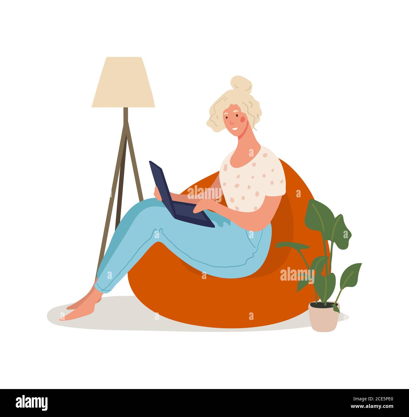 A cute girl sits in an armchair and works on a laptop. Remote work, online education, home office, online meeting with friends, online shopping. Flat cartoon vector illustration isolated on white background Stock Vector