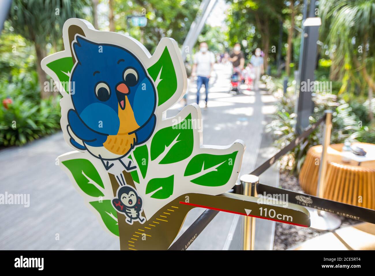 A cute blue bird signboard showing height below 110cm is no entry for safe usage of the facility purpose. Jewel Changi Airport Stock Photo
