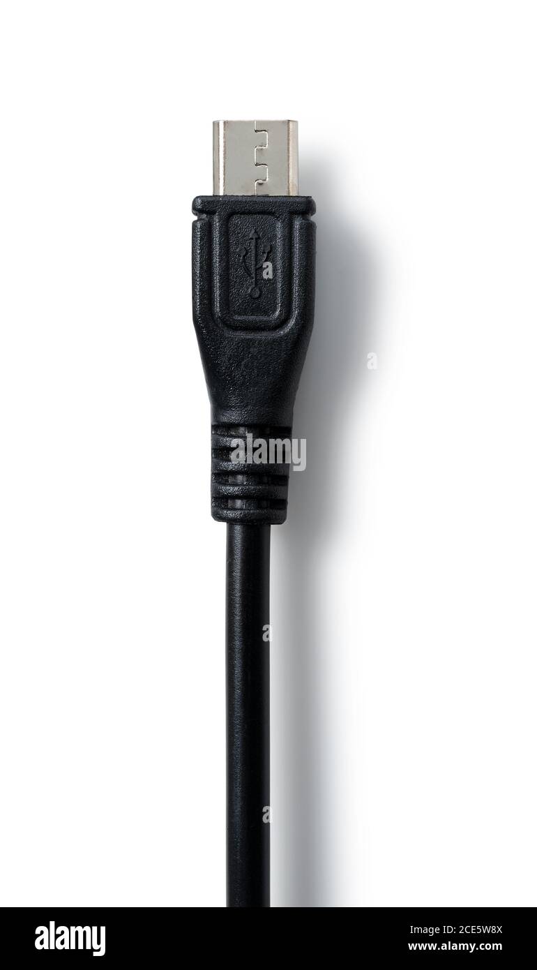 Shooting a micro USB placed on a blue background from an overhead view Stock Photo