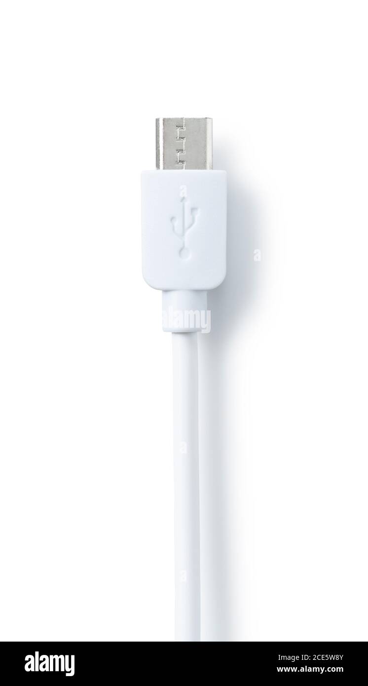 Shooting a micro USB placed on a blue background from an overhead view Stock Photo