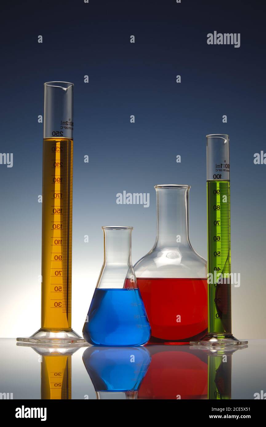 colorful liquid in laboratory glassware Stock Photo