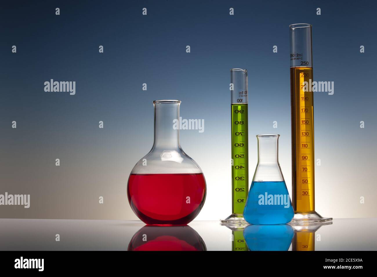 colorful liquid in laboratory glassware Stock Photo