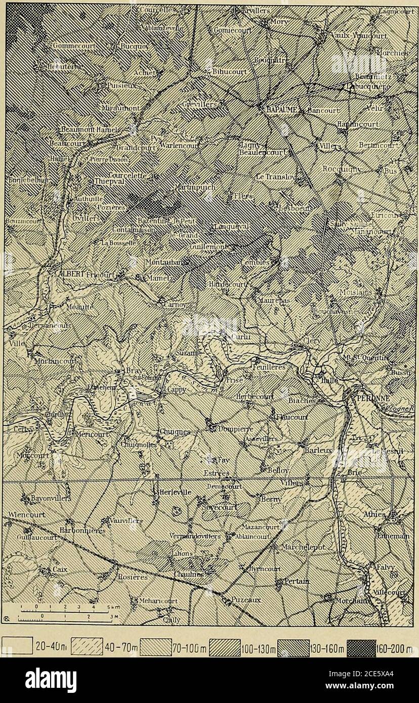 . Battlefields of the World War, western and southern fronts; a study in military geography . Fig. 45—Three sectors of operations in the1016 Battle of the Somme. 1, subsidiary attackeastward along the crest of the arch; 2, mainattack northeastward to gain the crest; 3,subsidiary attack eastward to drive the Ger-mans back on the Somme barrier. FIRST SOMME BATTLE 147. Fig. 46—Field of operations of the First Battle of the Somme. (From the Lensand Amiens sheets of the contour map of northern France and Belgium, 1:100,000,by the Geographical Section of the General Staff, London, 1016.) 148 BATTLEF Stock Photo