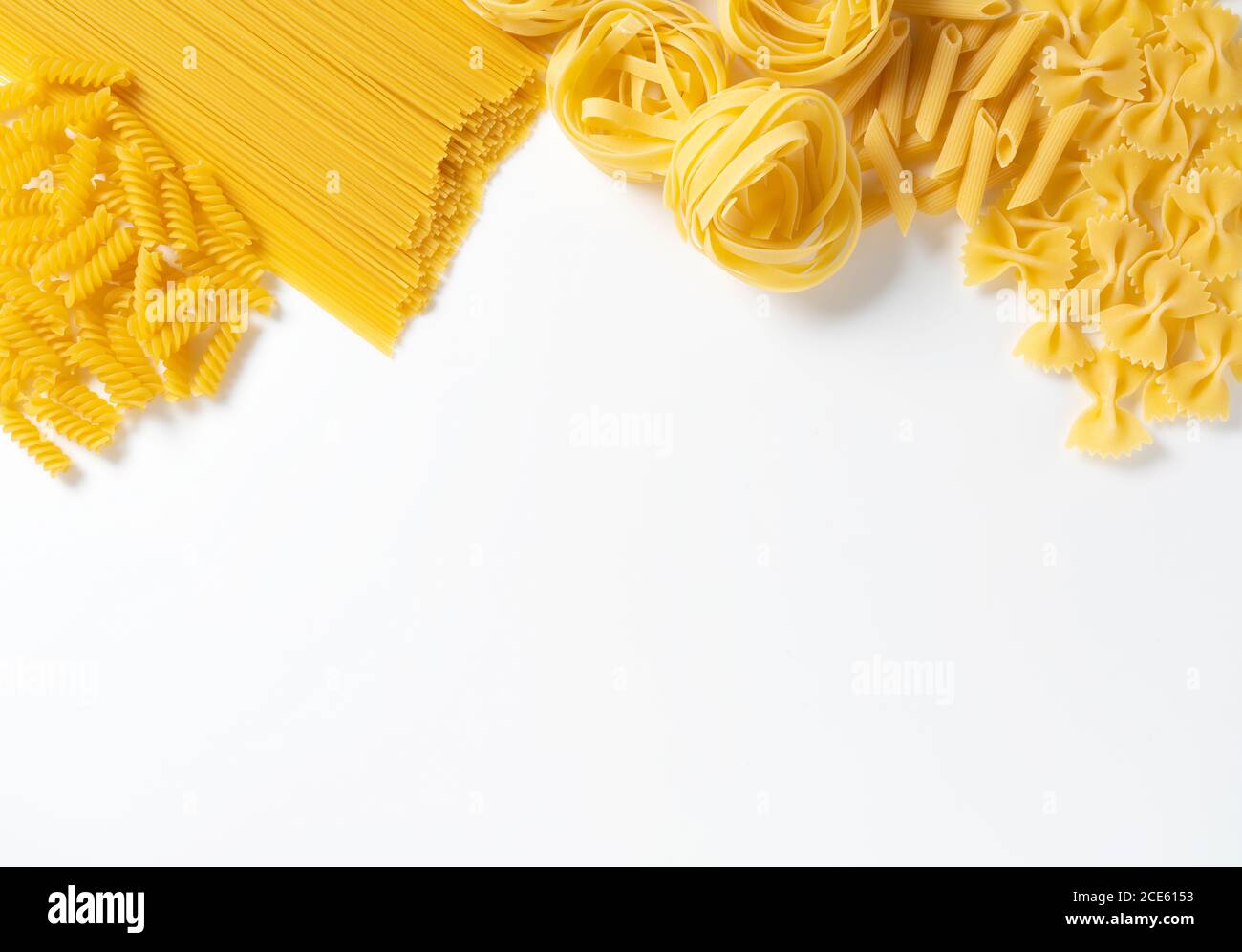 Take a bird's eye view of several types of pasta with copy space Stock ...