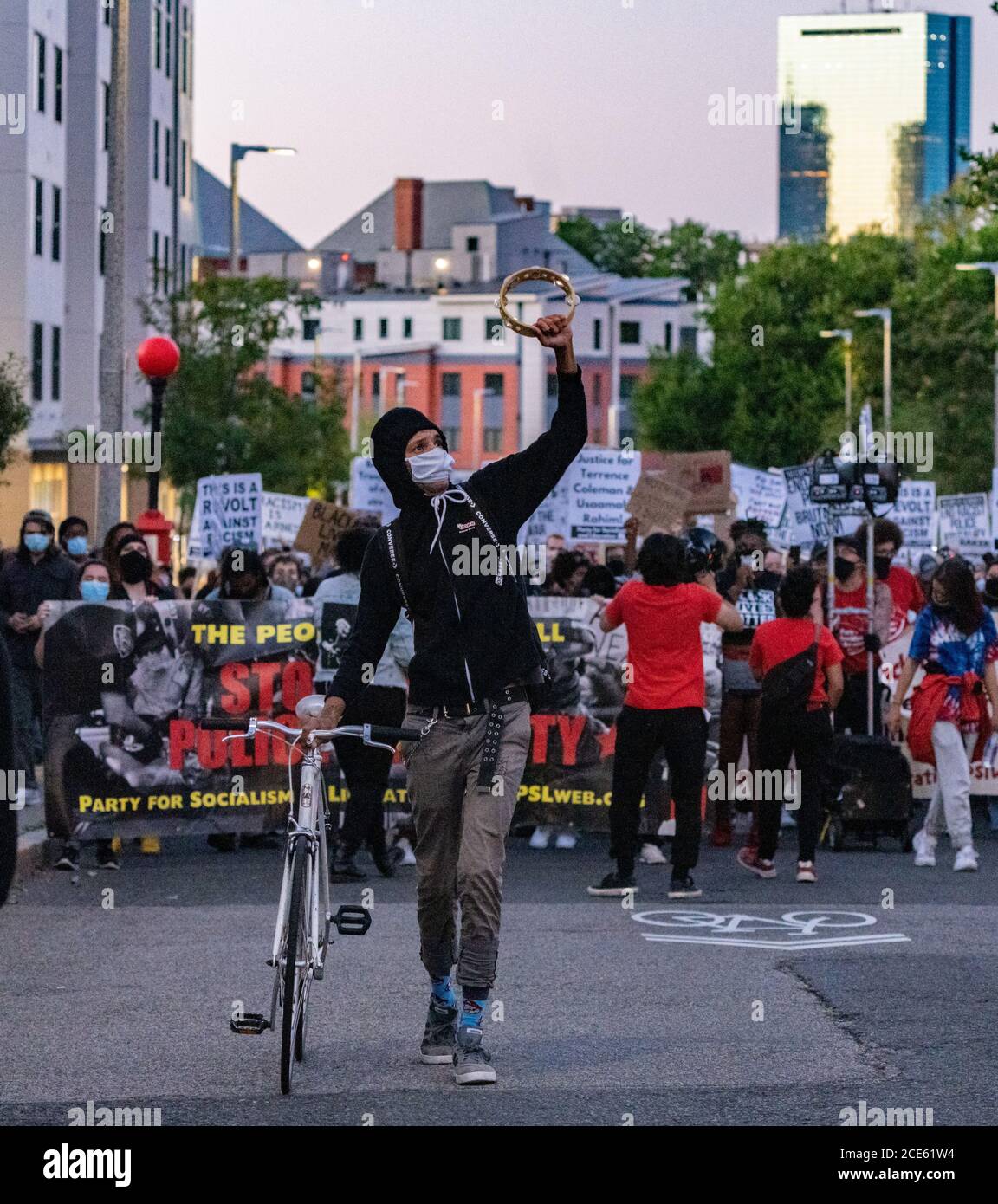 Boston, USA. August 30, 2020, Boston, Massachusetts, USA: Demonstrators march as they rally against racial inequality and to call for justice a week after Black man Jacob Blake was shot several times by police in Kenosha, in Boston. Credit: Keiko Hiromi/AFLO/Alamy Live News Stock Photo