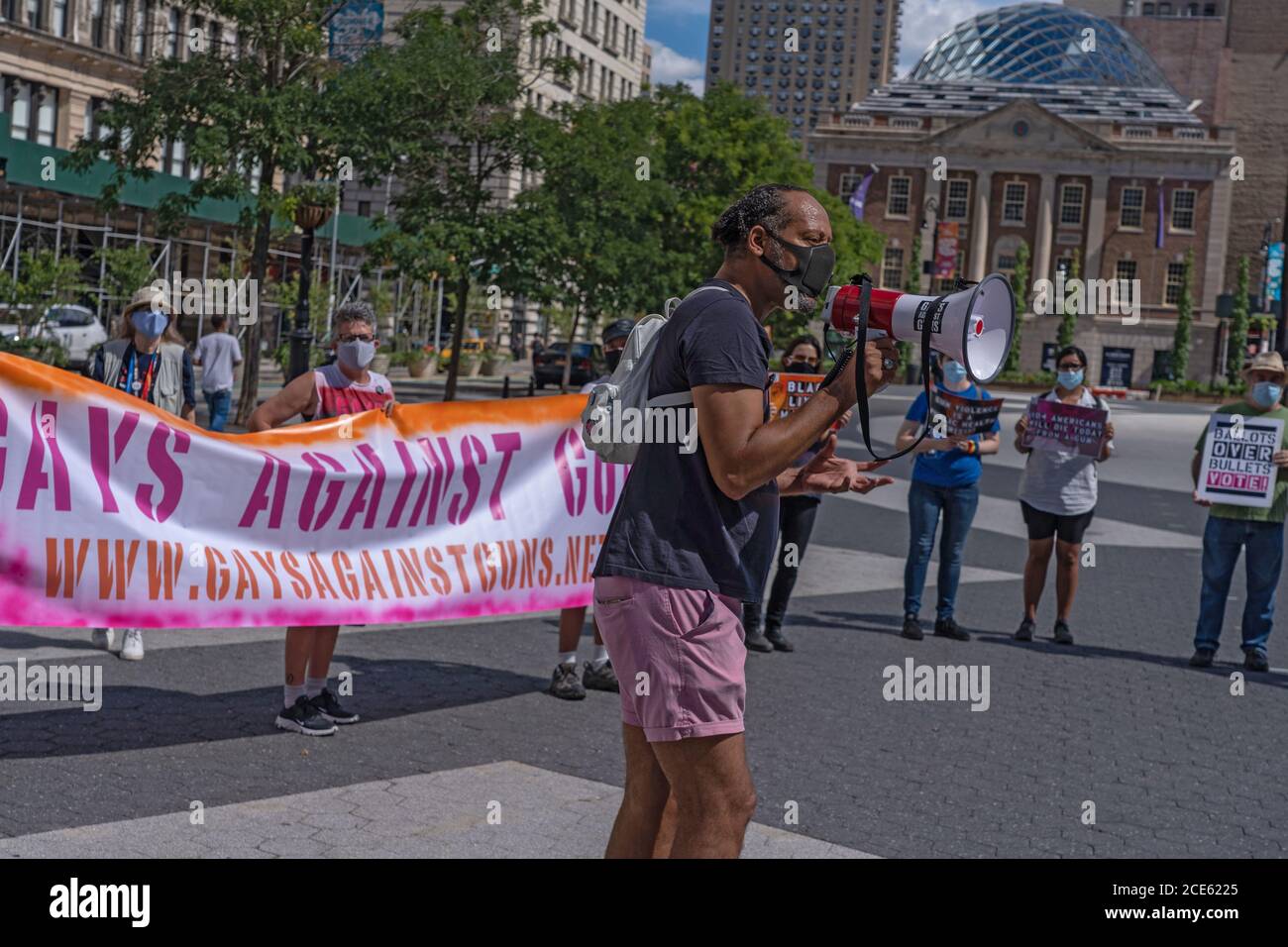NEW YORK, NEW YORK - AUGUST 30: Activist speaks during a Gay Against Guns protest on August 30, 2020 in New York City. Stock Photo