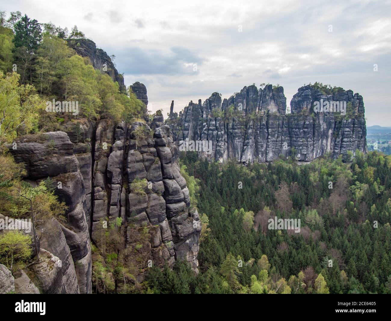Sschrammsteine and forests. Popular climbers resort Stock Photo