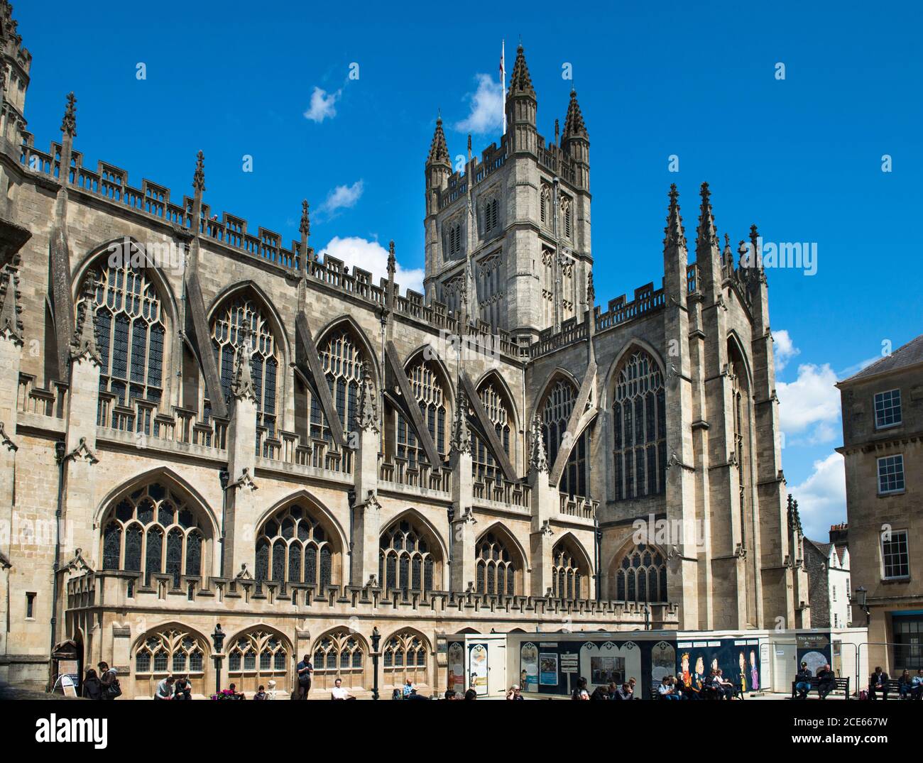 Bath Abbey South Front and tower on a blue sky sunny day. Copy  space. Perpendicular Gothic architecture. Victorian restoration after Dissolution. Stock Photo