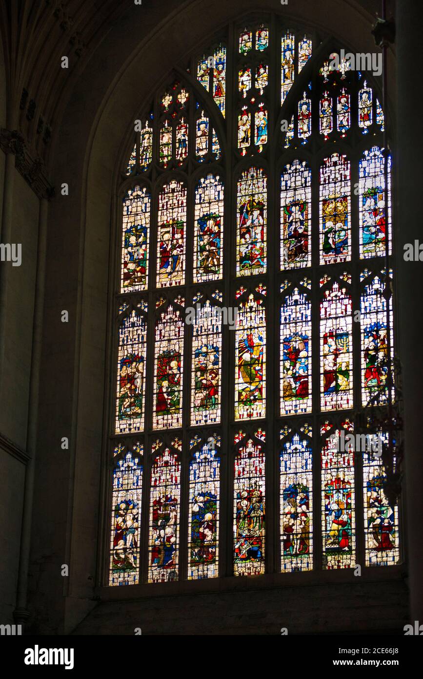 Bath Abbey, England. Stained glass West Window, interior view. Active Anglican Parish Church. Abbey Church of St. Peter and St. Paul. Old Testament. Stock Photo