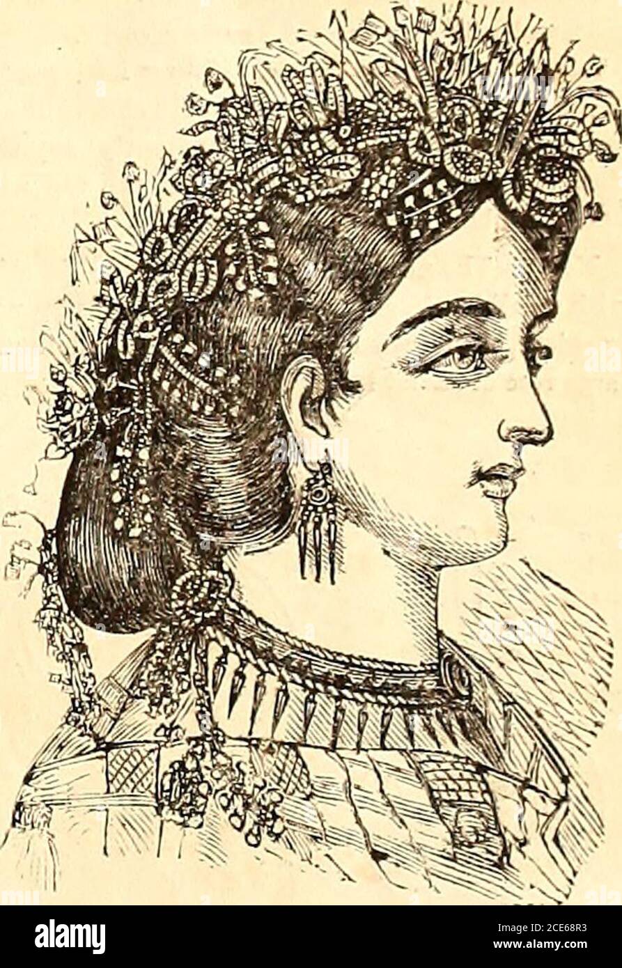 Demorest's illustrated monthly and Mme Demorest's mirror of fashions, 1865  April . COIFFUBE LA HEINE. Hair waved iji the raelva style and arranged  iiia drooping mass at th^bfliik. At the side,
