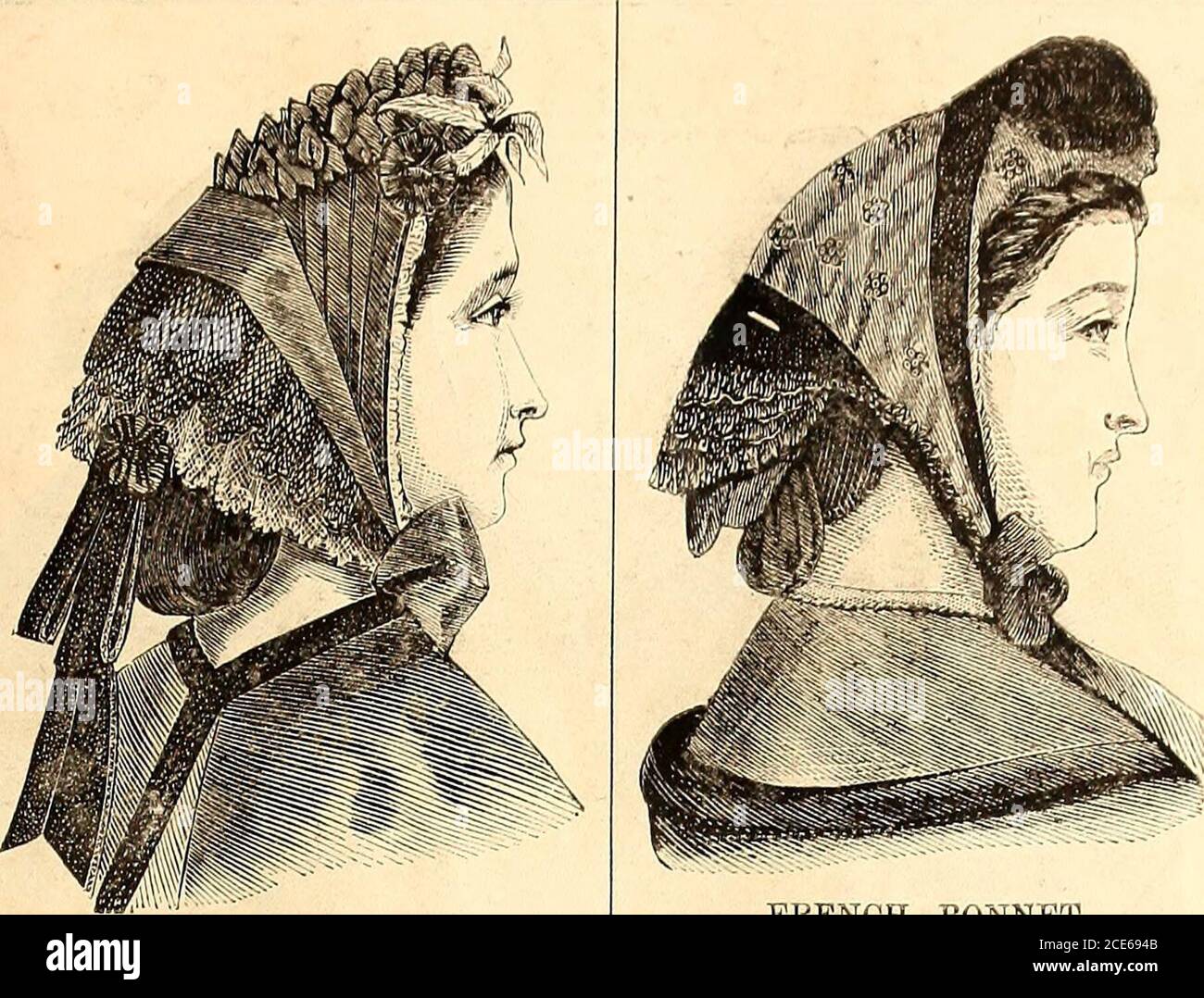 . Demorest's illustrated monthly and Mme Demorest's mirror of fashions, 1865 April . THE AMINA HAT. This is also of white straw, with narrow hrim turnedup on one side and crown less sloping than the others;the trimming consists of velvet, wheat with jetspears, and wild flowers with lace.. NEW STYLE OP SPEING SILKBONNET. Half hamlkerchief buiinet In the new bliade ofwater ^reen silk,arian ;iid in folds at the side itnd a-double puffing from fro;:.t to back of the brim ; a plainband of silk is placed u^mn the edge at the back, andbordered with a double fnll of black and white blondebenertto, whi Stock Photo