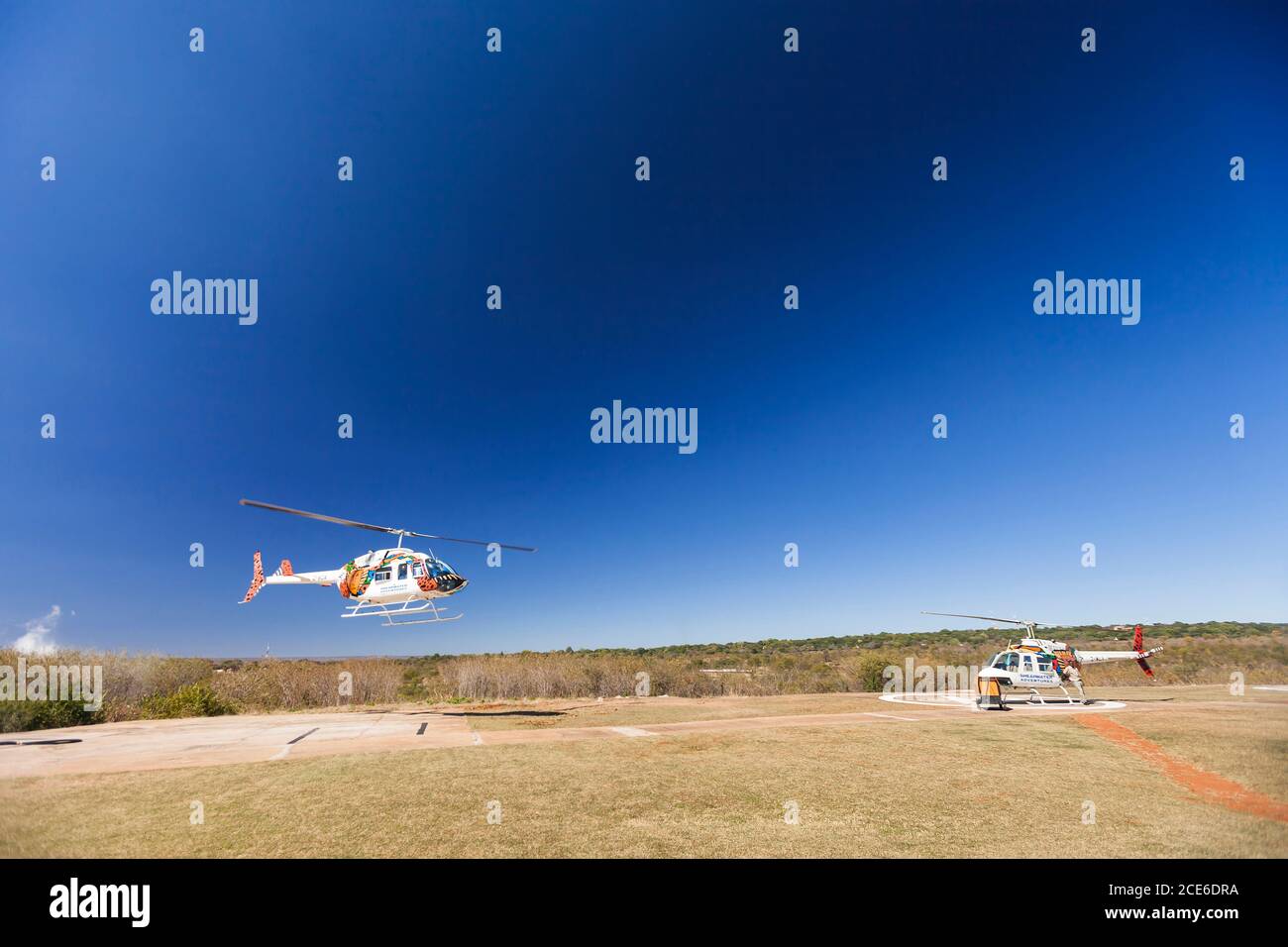 Helicopter flight for Aerial view of Victoria Falls and Zambezi River, Mosi-oa-Tunya, Victoria Falls, Matabeleland, Zimbabwe, Africa Stock Photo