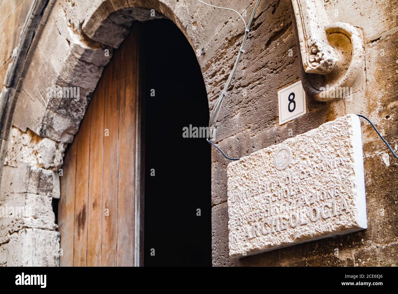 Main entrance of archeology museum, university of Catania.Ortigia urban area. Syracuse Siracusa, Sicily Italy, summer season Stock Photo
