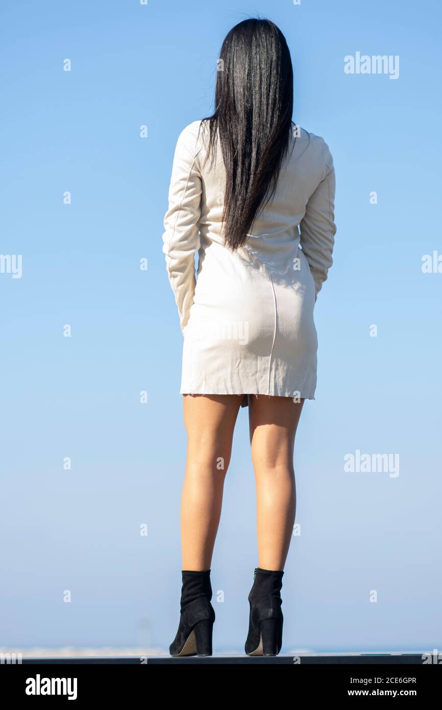 Rear view of young woman wearing short dress and high heels standing ...