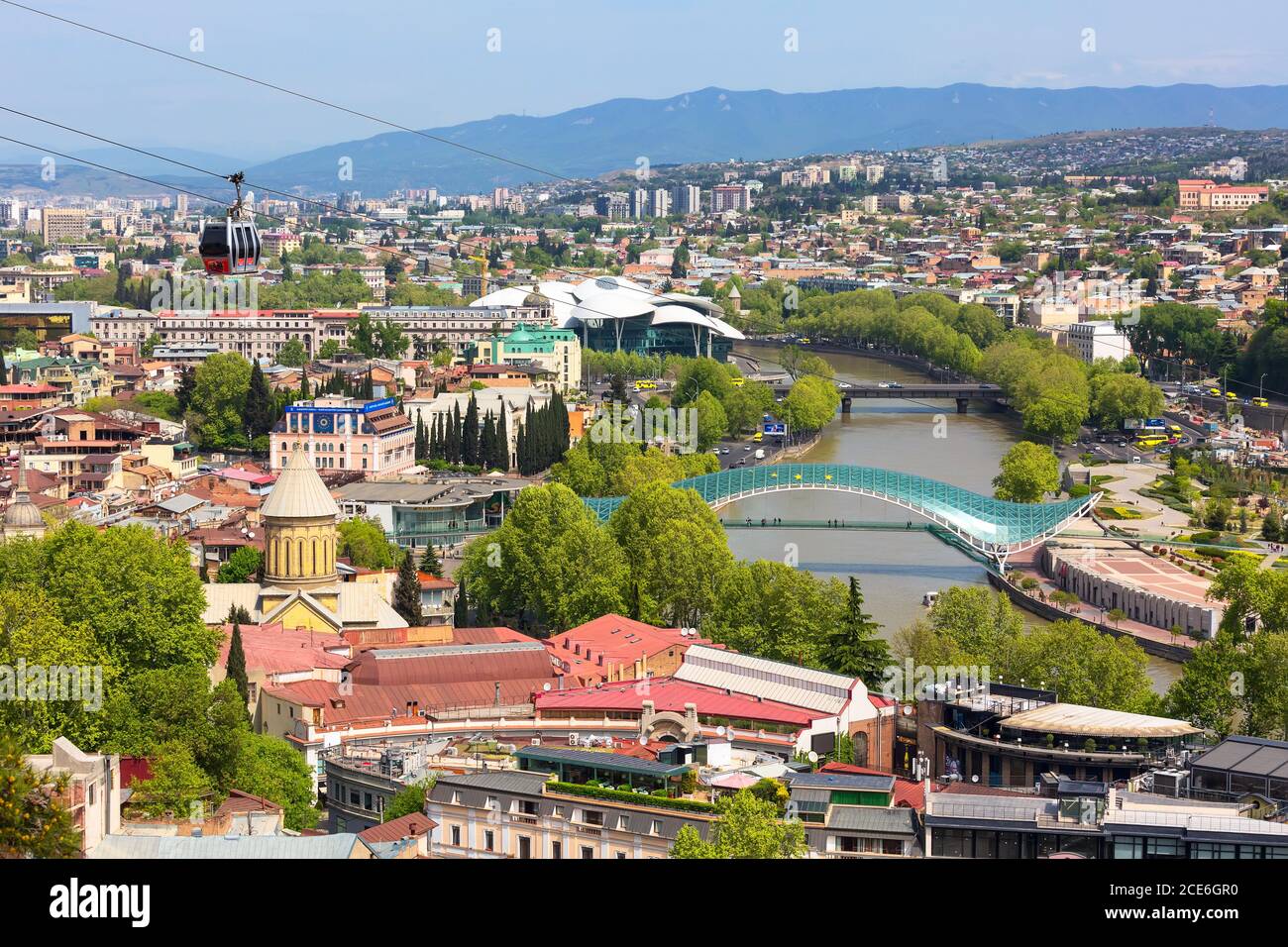 Tbilisi, cable car cabins and aerial city skyline Stock Photo