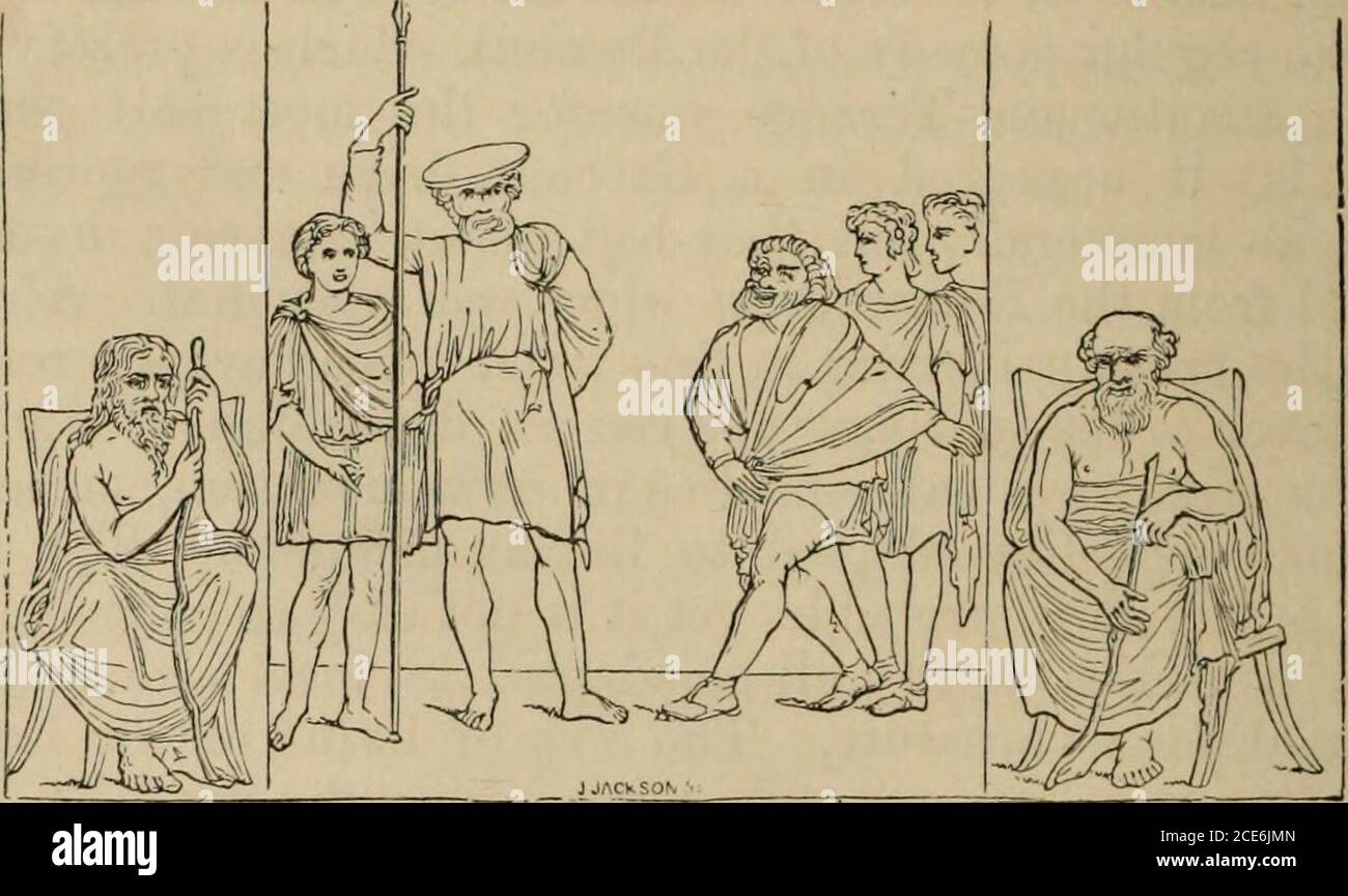 . Pompeii; its history, buildings and antiquities : an account of the destruction of the city, with a full description of the remains, and of the recent excavations and also an itinerary for visitors . Comic Scene from a PaiiitiTig iu the house of Castor and Pollux at Pompeii. these points, Athenian habits were the antipodes of Roman;and with such essential differences between them, an originalRoman comedy would have been a most valuable production,. Comic Scene from a Painting at Pompeii. and would have given us that insight into the private feelingsand private life of this remarkable people, Stock Photo