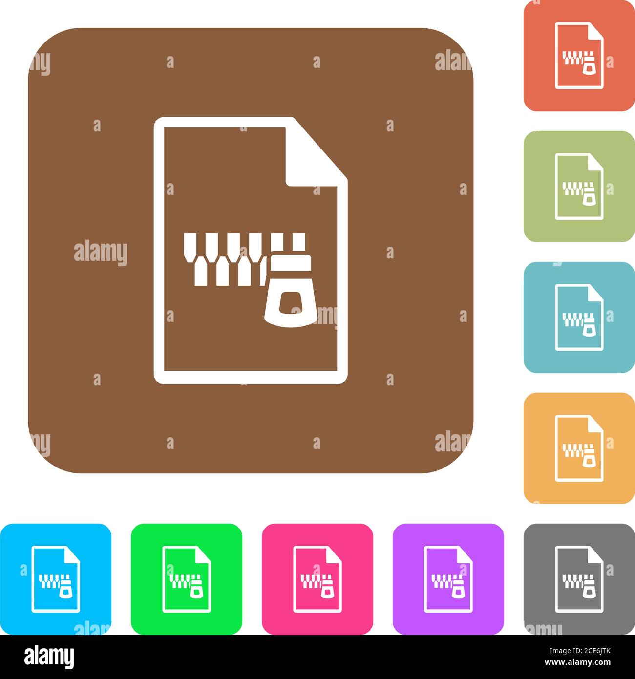 Zipped document flat icons on rounded square vivid color backgrounds ...