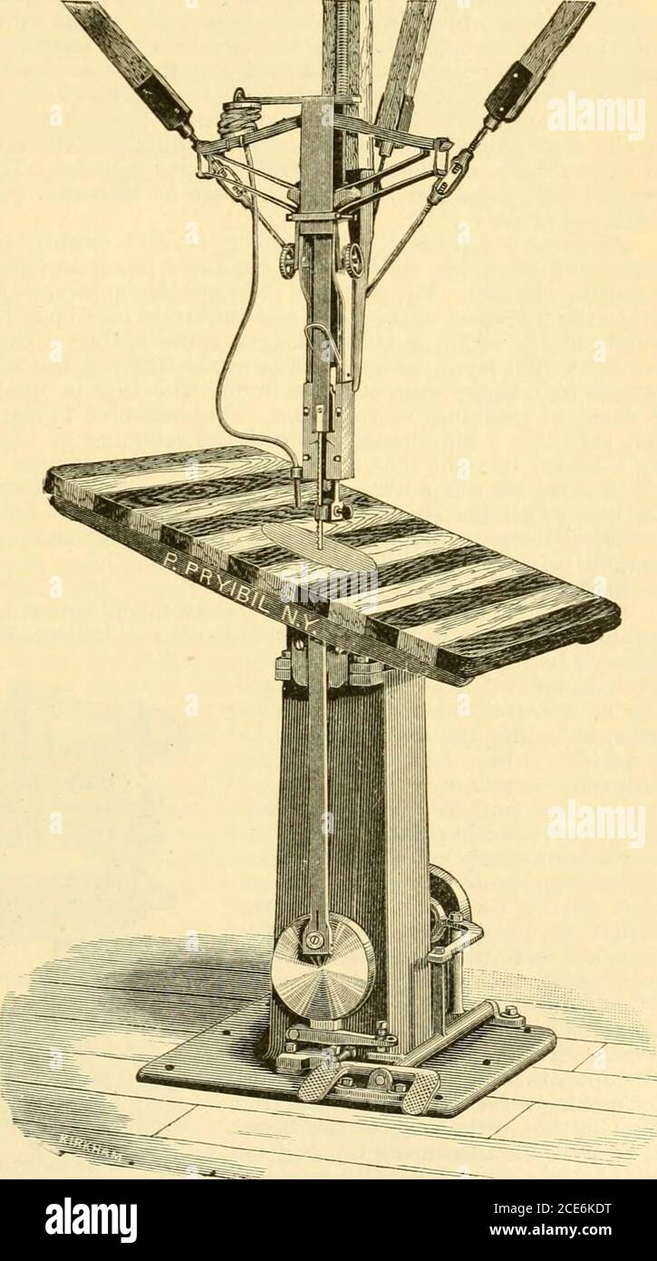 . Modern mechanism, exhibiting the latest progress in machines, motors, and the transmission of power, being a supplementary volume to Appletons' cyclopaedia of applied mechanics . ings 15 in. between the saw and the frame. The table is rounded for cutting on the bev-el. The speed-multiplying rig consists of a large spur wheel on the crank shaft, meshing with a pinion on the lower band wheel; the shaft bearing the latter having a fly-wheel to steady the motion. For band resaws a very de-sirable attachment or feature is the duplex reversible table and rolling guides, shown in Fig.ll, the column Stock Photo