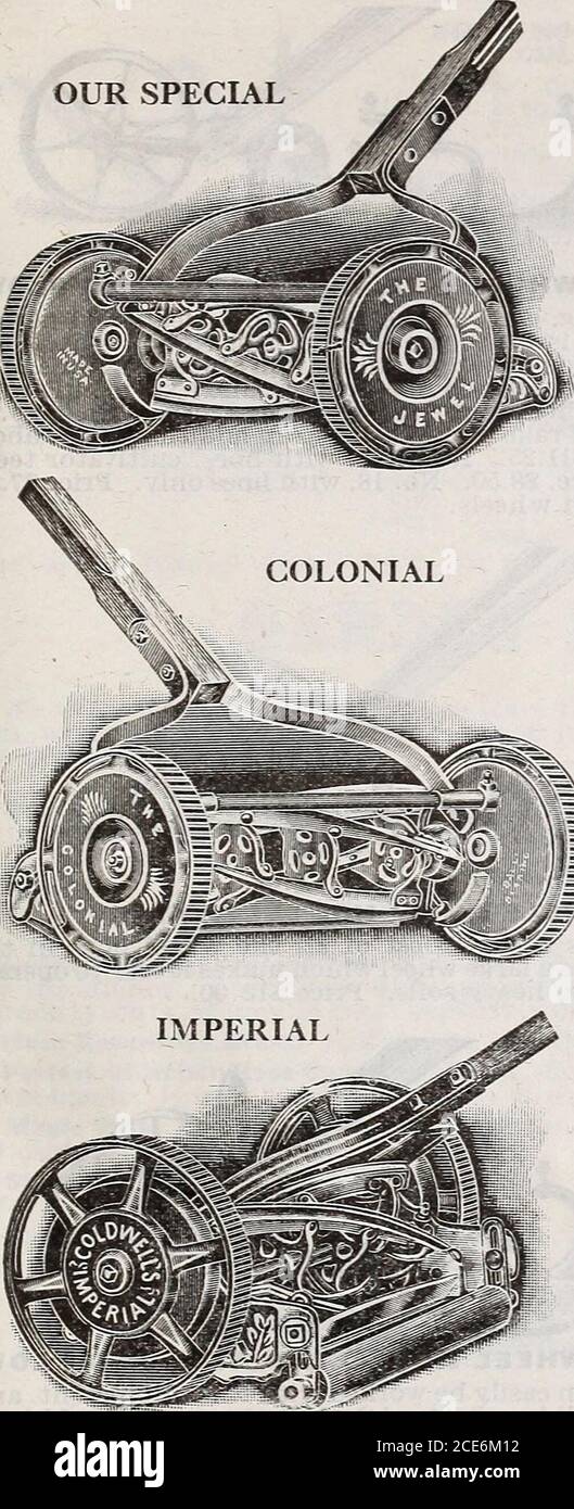 . Germain : [catalog] . ^Z2B&* This Signature [n6] Denotes Our Recommendatio LOS ANGELES ^fS>s*rV€l4z^ CALIFORNIA LAWN MOWERS AND GRASS CATCHERS OUR SPECIAL. Our Special. Thismower is made es-pecially for us. hav-ing an 8 in. drivewheel, four bladesin revolving cutter,bottom knife ofhardened cruciblesteel. Split bronzeadjustable bearings.Constructedthroughout o f thebest material. A lowpriced, high grademower for the or-dinary home lawn.Price 14 in. $7.50.16 in. $8.00 Colonial. Thismower is made tomeet the demandfor a good ball-bearing mower ata reasonable price,having an 8 in.drive wheel, Stock Photo