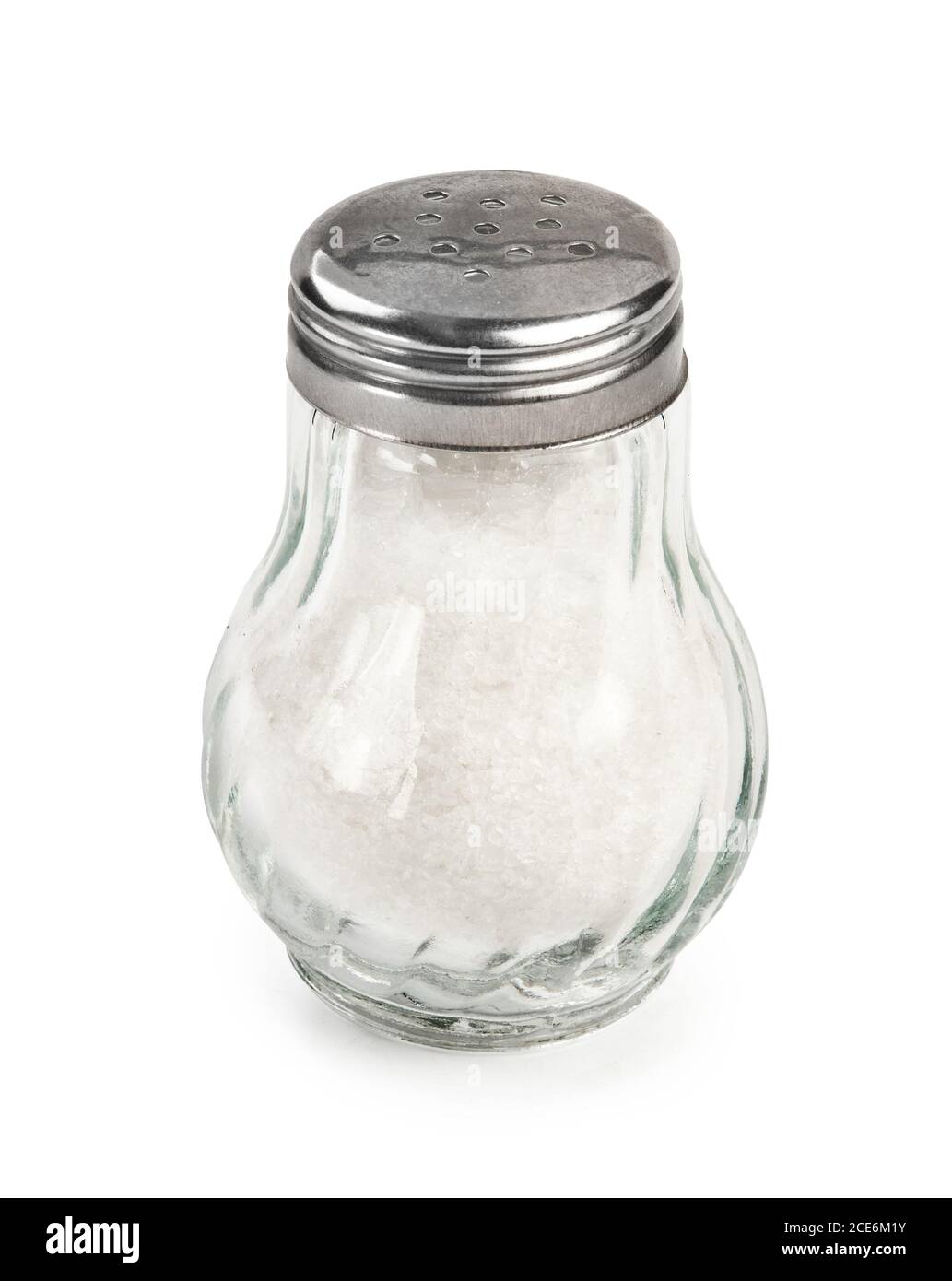 Salt shaker isolated on white background. Salt in glass bottle. Stock Photo