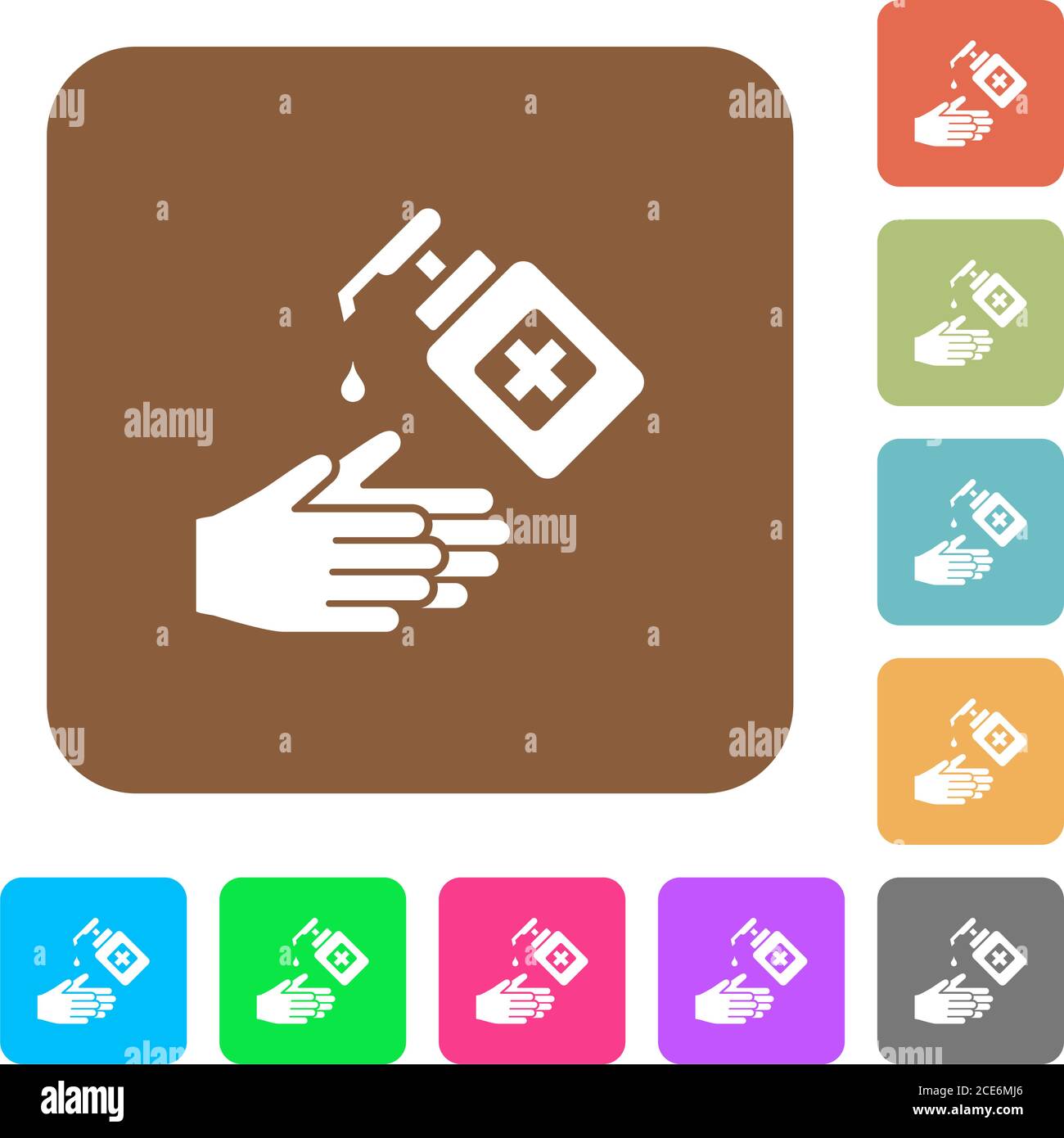 Hand washing with hand sanitizer flat icons on rounded square vivid ...