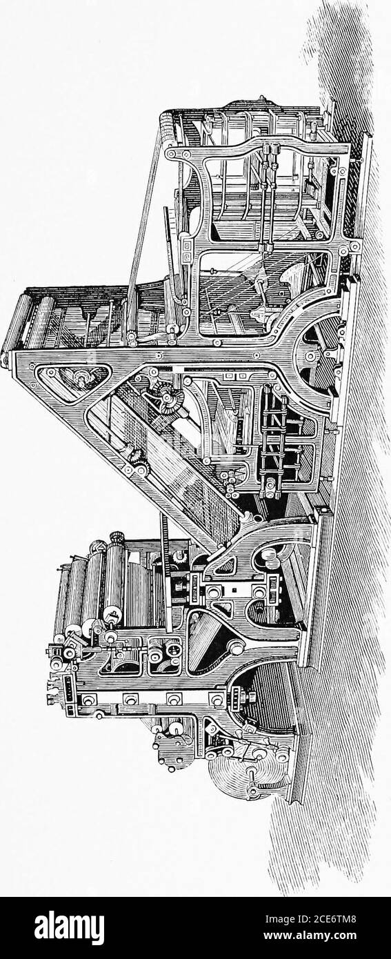 . A short history of the printing press and of the improvements in printing machinery from the time of Gutenberg up to the present day . werf uo^-1 43. 2 Xu&lt;2 &lt; oPi u s H 2;oQ2O 45 FIRST HOE WEB PRESS until the appearance of the Hoe machine. In this press the sheetswere not entirely severed by the cutters, but simply perforated afterthe printing. They were then drawn by accelerating tapes, whichcompletely separated them, onto a gathering cylinder so constructedthat six perfect papers, or any other desired number, could begathered one over the other. These, by means of a switch, wereat th Stock Photo