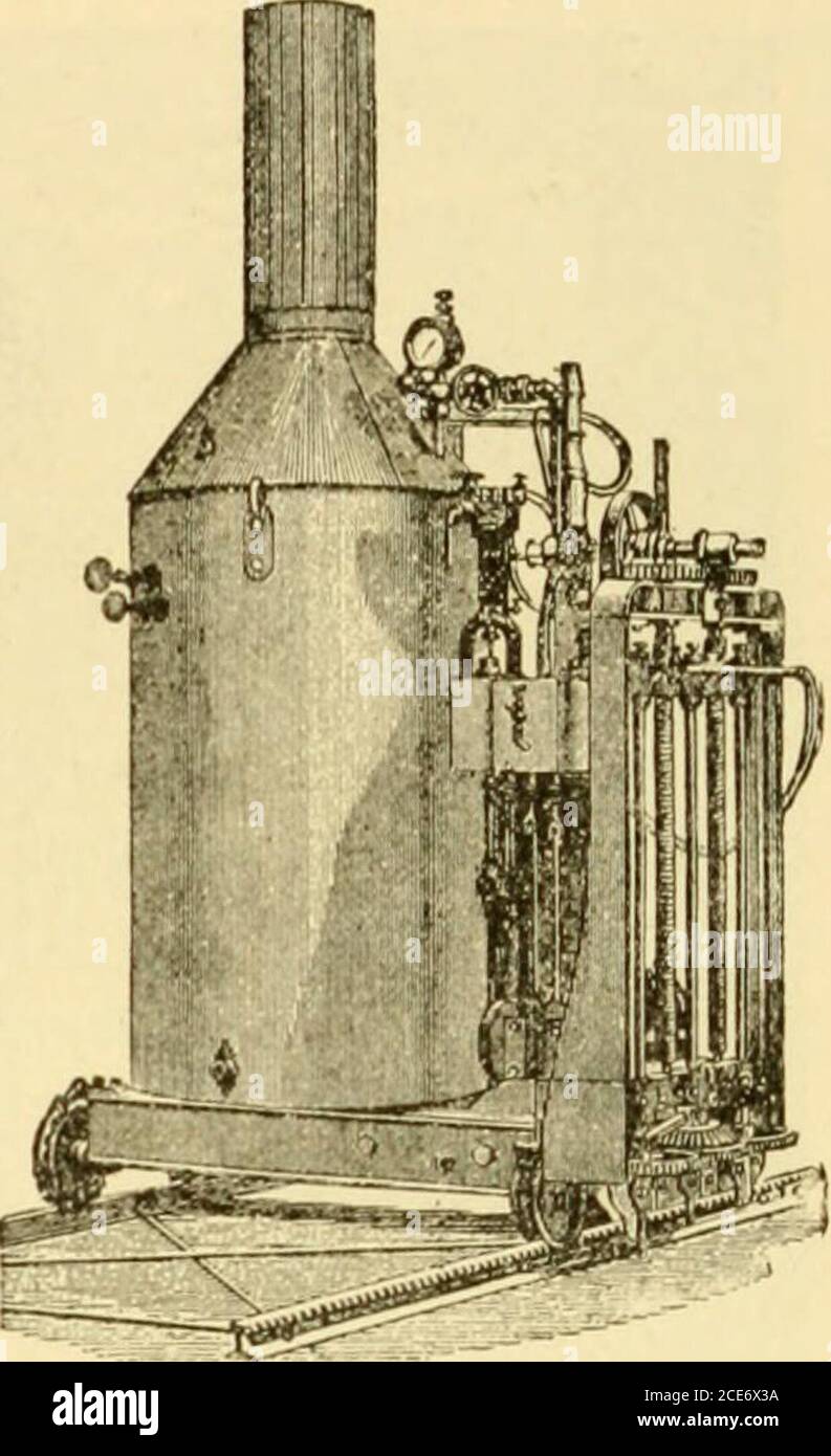 . Modern mechanism, exhibiting the latest progress in machines, motors, and the transmission of power, being a supplementary volume to Appletons' cyclopaedia of applied mechanics . inserted in place of the drill without moving thetripod, and the lewis-hole finished by broaching down thepartitions. This obviates the difficulty of breaking downthe partitions in the old plan of diverging holes, as shownin the right side of Fig. 11. Gaddino iMachixes.—A quarry gadder is a machineby which holes are inserted into the side of the bench forthe insertion of plugs and feathers, by means of whichthe bloc Stock Photo