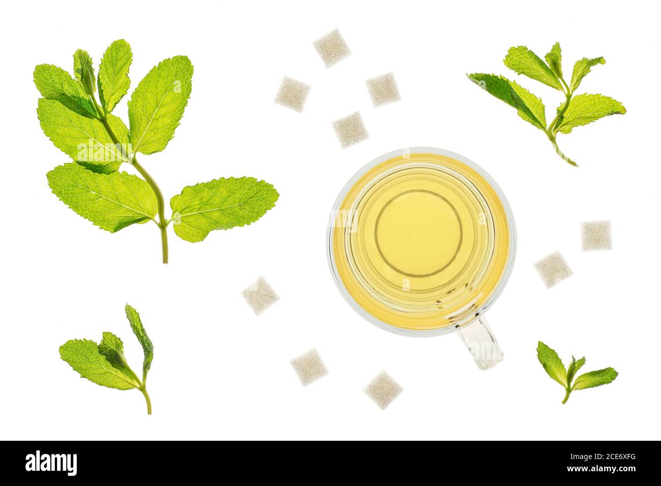 Glass of mint tea with fresh leaves and  sugar cubes. Isolated on a white background, backlit on a light table. Stock Photo