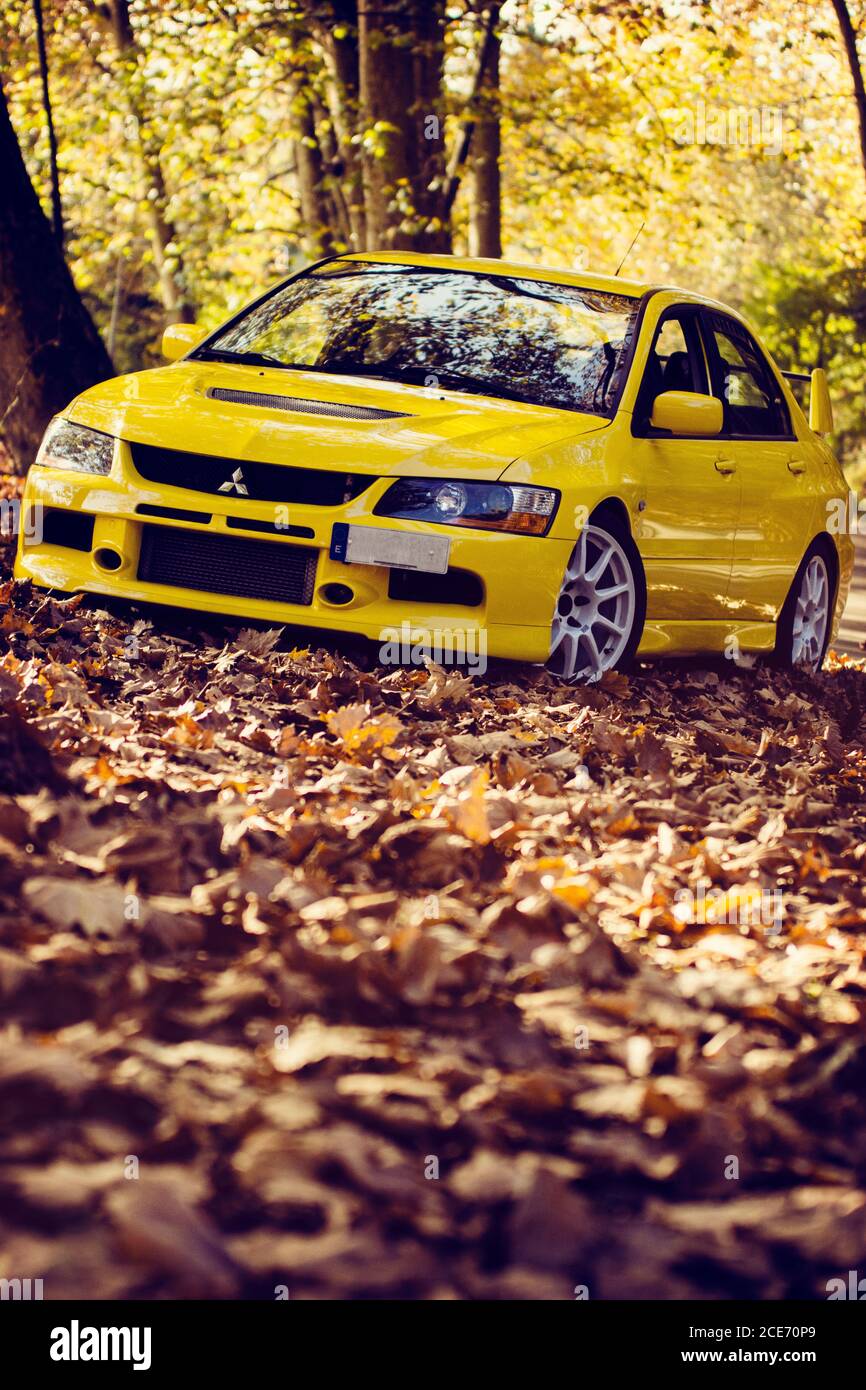 Mitsubishi Lancer Evolution 9, shot in a mountain road full of autumn  leaves Stock Photo - Alamy