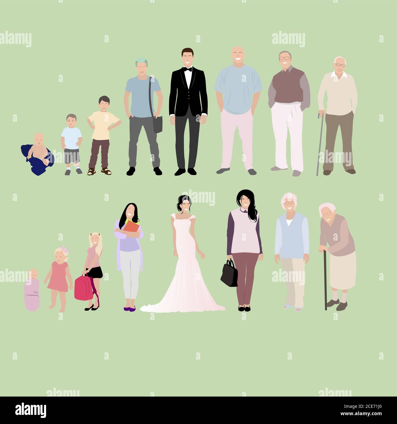 Growing generation male and female, from baby to senior. Development stage, character grandfather and senior, progress schoolchild to pensioner. Vecto Stock Vector