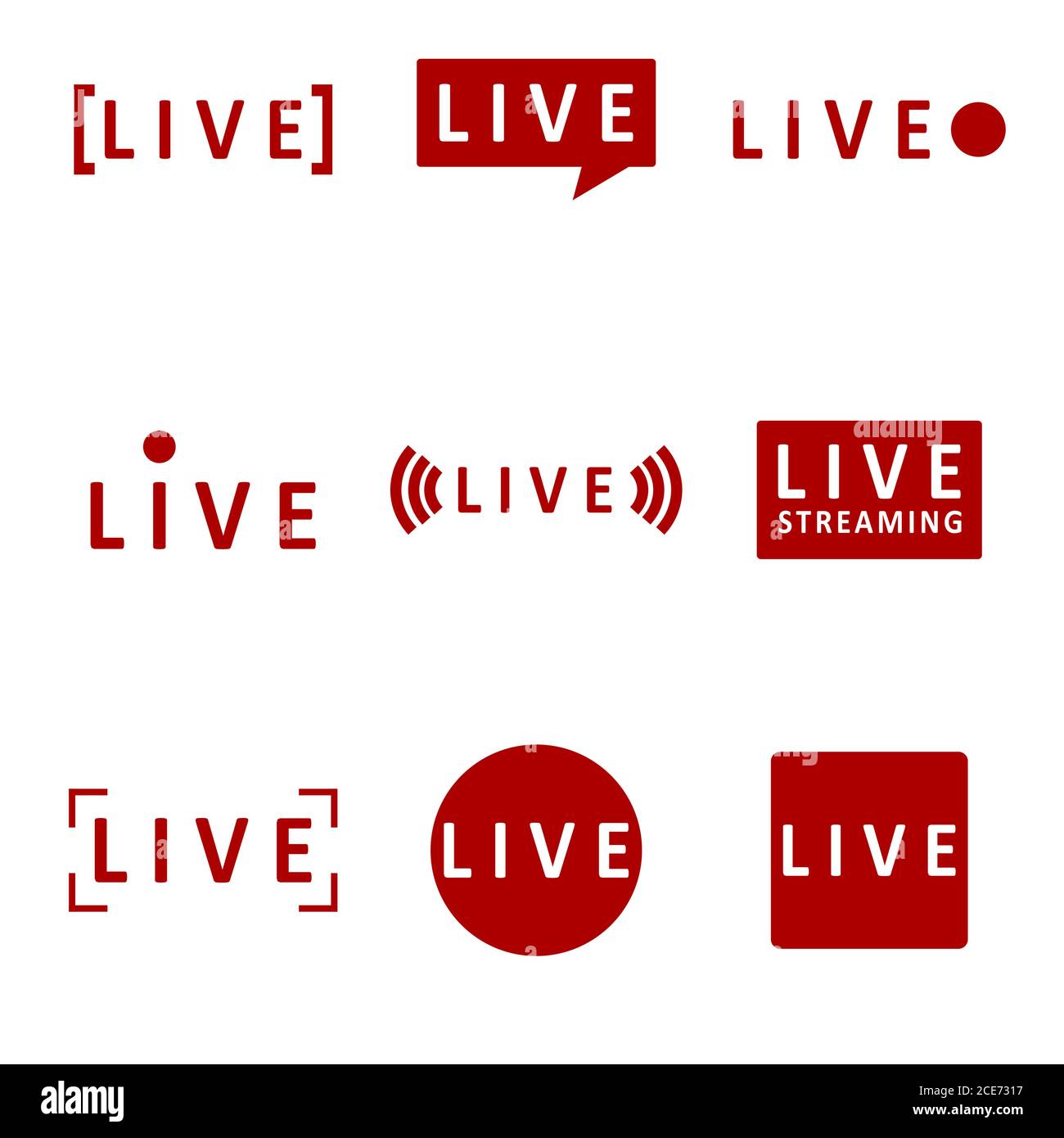 Broadcast mark live for video stream, live play and tv streaming online on website, collection button on air and logo label for window player. Vector Stock Vector