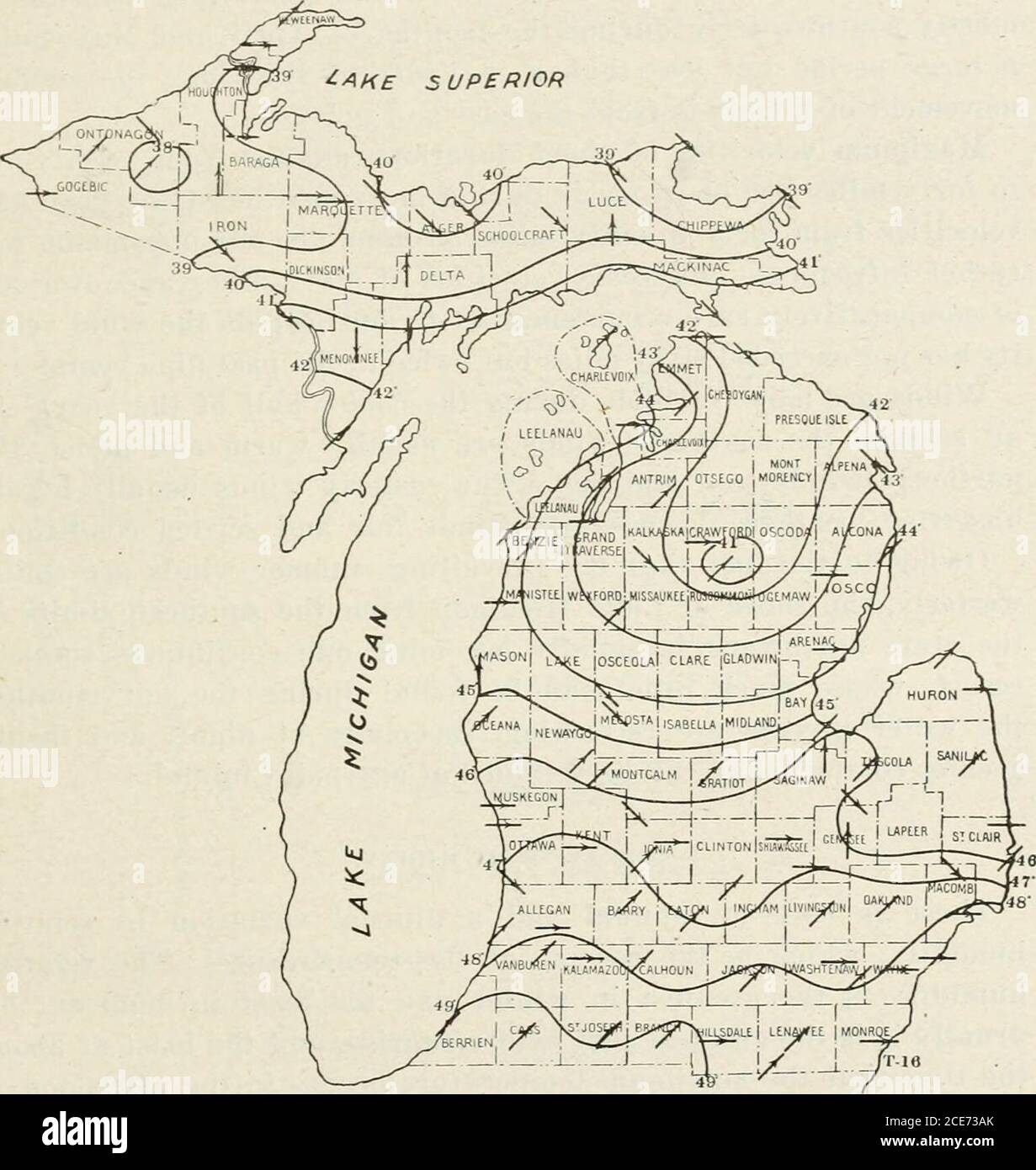 Surface geology and agricultural conditions of Michigan . Pig. 20. Animal  rainfall iiiap of Michigan for I.JlC. CLIMATIC CONDITIONS OF MICHIGAN. 37.  Fig. 21. Mean annual isotherms and prevailing winds for