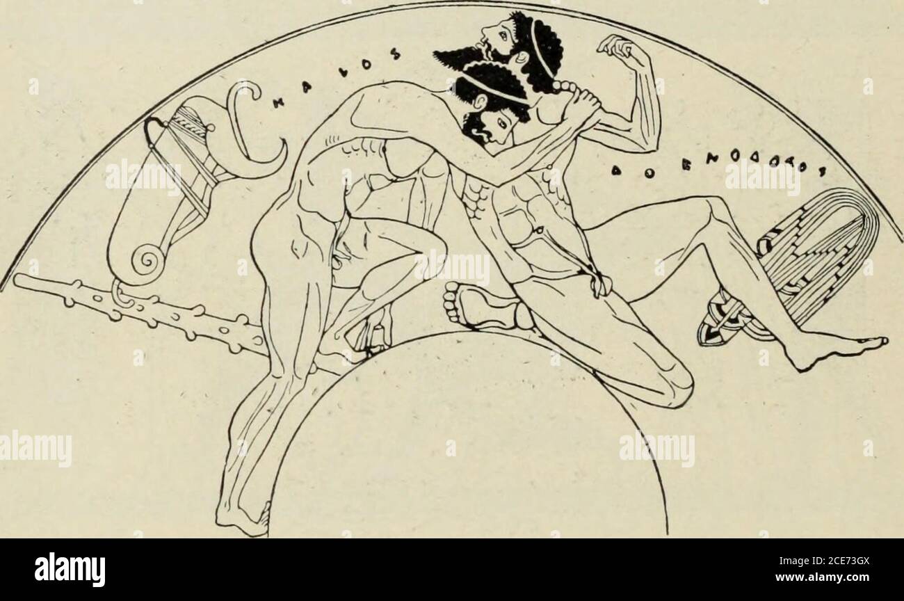 . Greek athletic sports and festivals . the pankration. InTheocritus,^ Polydeuces being challenged to fight by Amycus,inquires if it is to be a boxing match or whether kicking toowas allowed; and Galen,^ in his skit on the Olympic games, ^ Ale. 2 ; Apophthegm. Lac. 234 D, 44. ^ xxii. Q6. ?^ JlpoTpeTTT. iirl rix^cis, 36. 446 GREEK ATHLETIC SPORTS AND FESTIVALS chap. awards the prize for the pankration to the donkey, as the bestof all animals in kicking. A combination of kicking and box-ing is represented on the two Panathenaic vases in Figs. 154,155. At least it seems to me probable that the pa Stock Photo