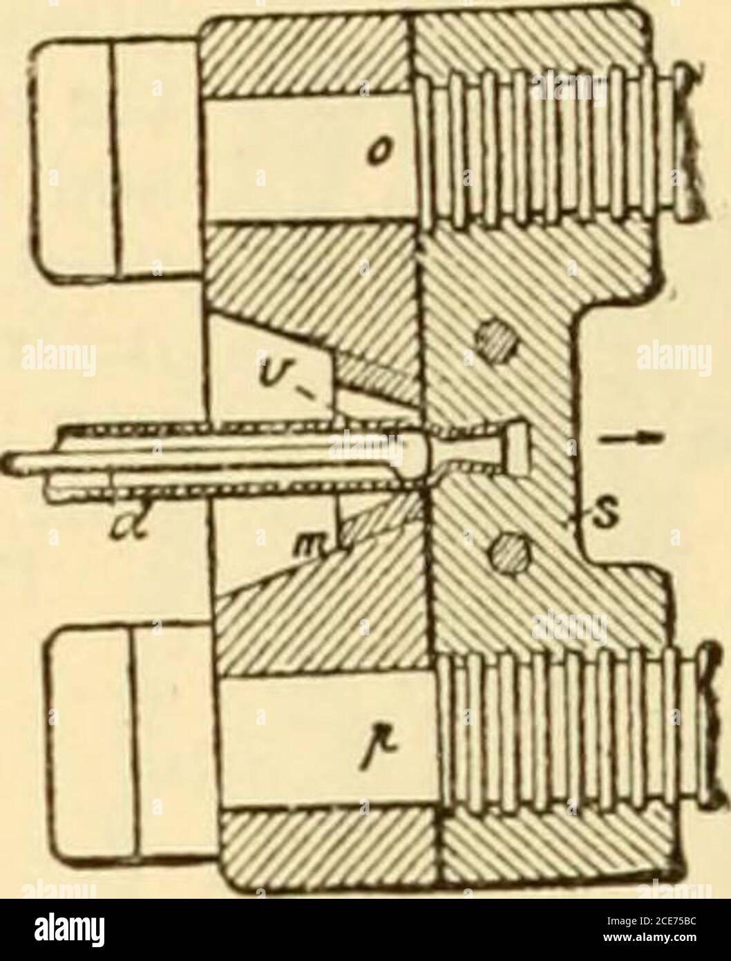 . Modern mechanism, exhibiting the latest progress in machines, motors, and the transmission of power, being a supplementary volume to Appletons' cyclopaedia of applied mechanics . Fig. 1.—Flotow & Leidig process of tube making. Fi(i. seamless tubes, whose metal, far from being weakened, is strengthened by the operationsthat it undergoes. The Flotow & Lndiq Process.—In the process of drawing employed by Messrs. Wilhelmvon Flotow and Hermann Leidig, of theDantzig Arms Manufactory, the mandrel, d (Figs. 1and 2), is fixed, and the ingot is drawn between the head, v, of the mandrel and the drawpla Stock Photo