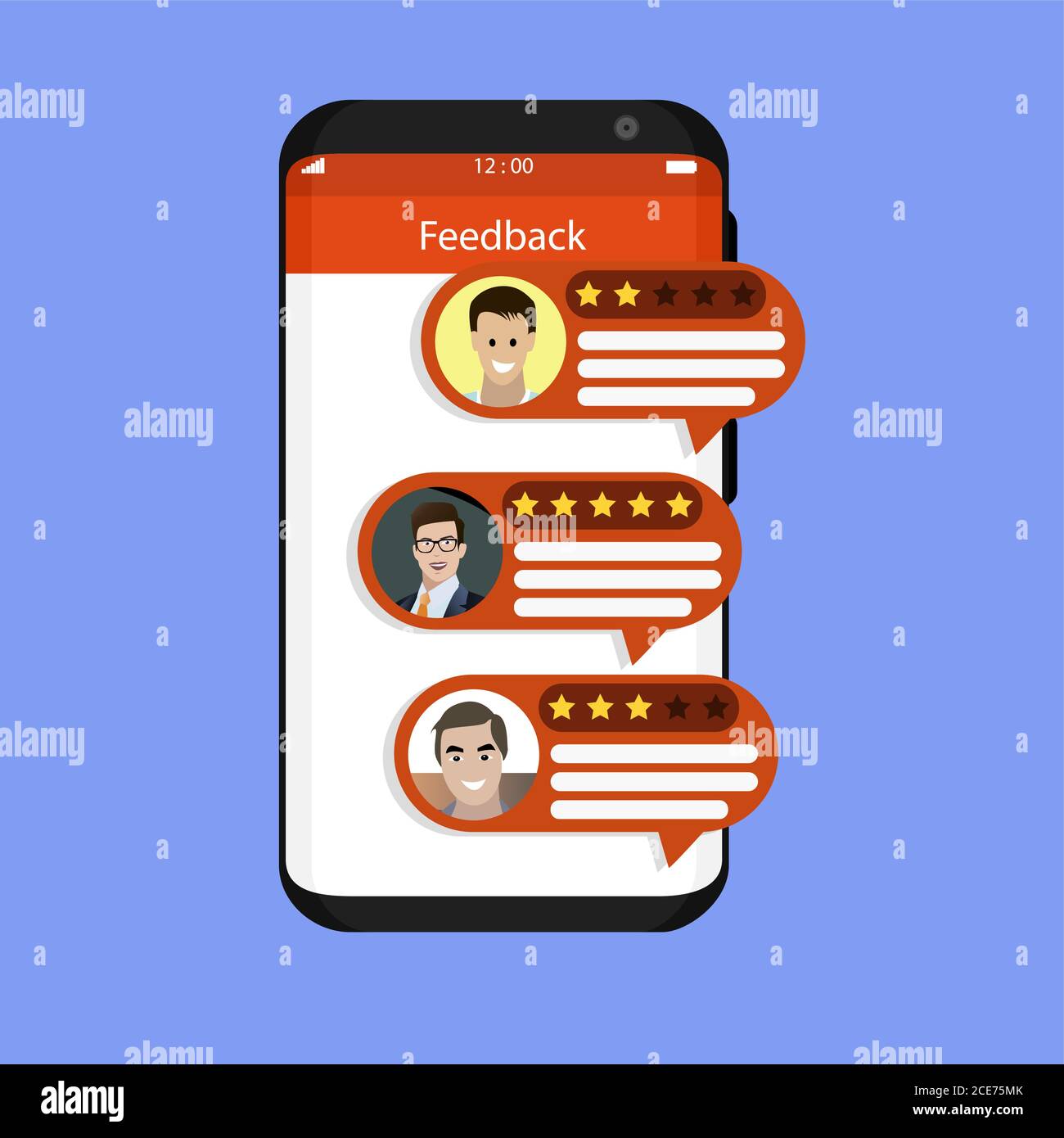 Feedback and rate from customer in smartphone. Vector feedback and review on mobile screen, rating star and comment evaluate. Illustration recommend f Stock Vector