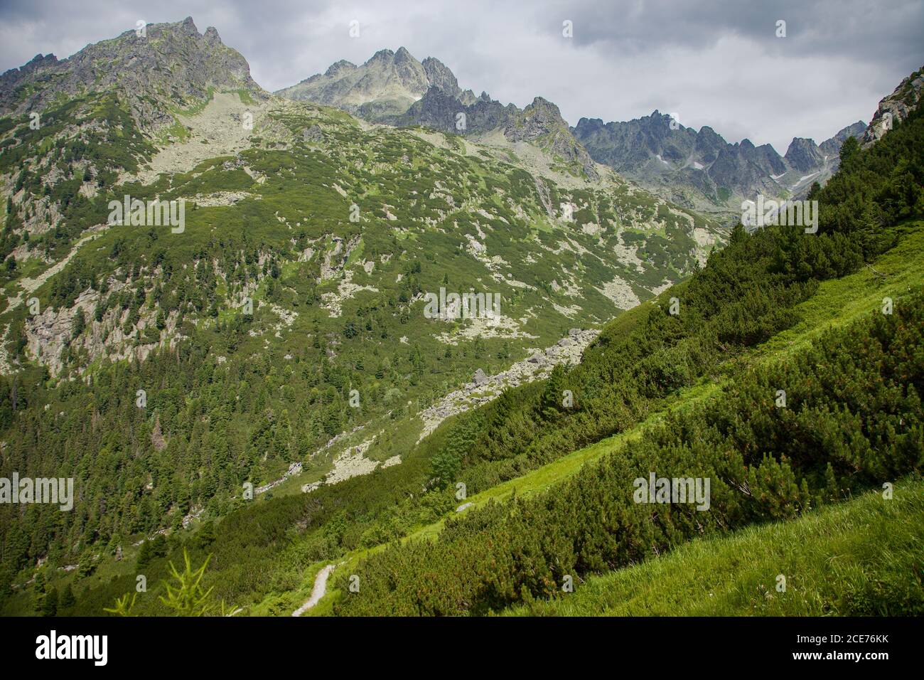 View from tourist path to the Ostrva peak to the Zlomisková valley in High Tatras, Slovakia Stock Photo