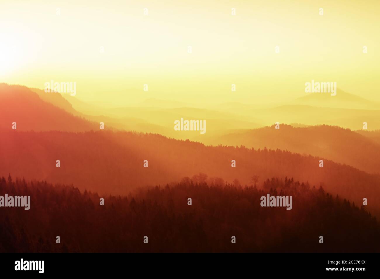 Dreamy fogy landscape, gentle orange misty sunrise Stock Photo