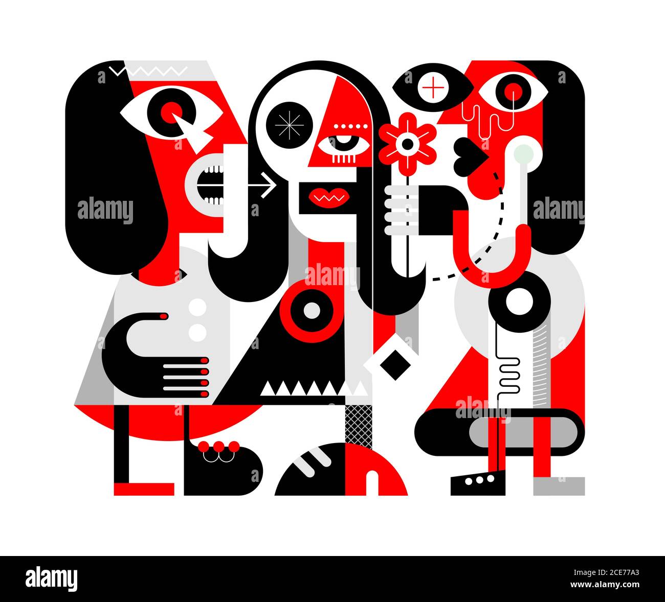 A woman gives a flower to her friend. A man nearby screams and shows aggression. Red, black and grey isolated on a white background Three People moder Stock Vector
