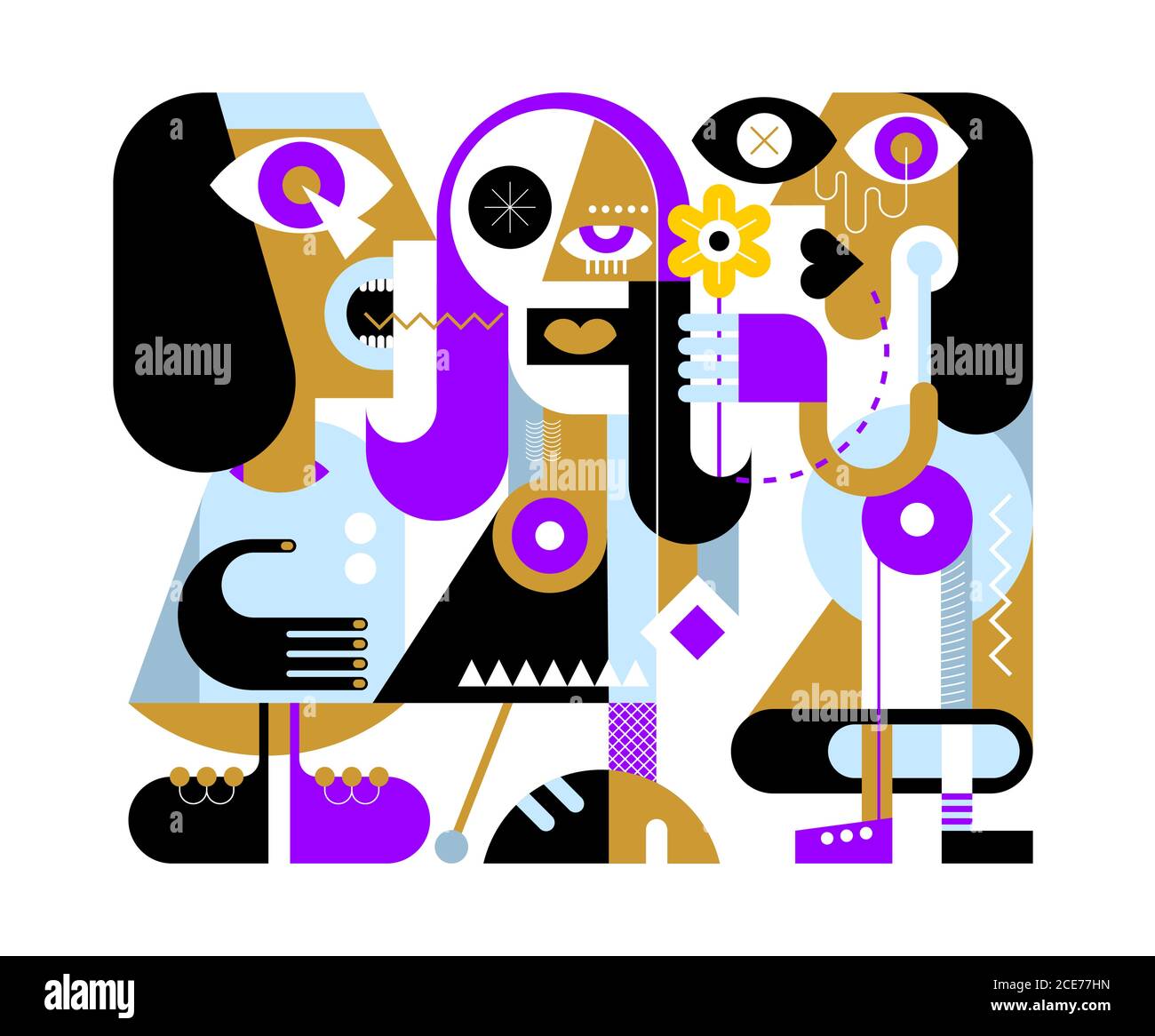 A woman gives a flower to her friend. A man nearby screams and shows aggression. Love Triangle modern abstract art vector illustration. Stock Vector